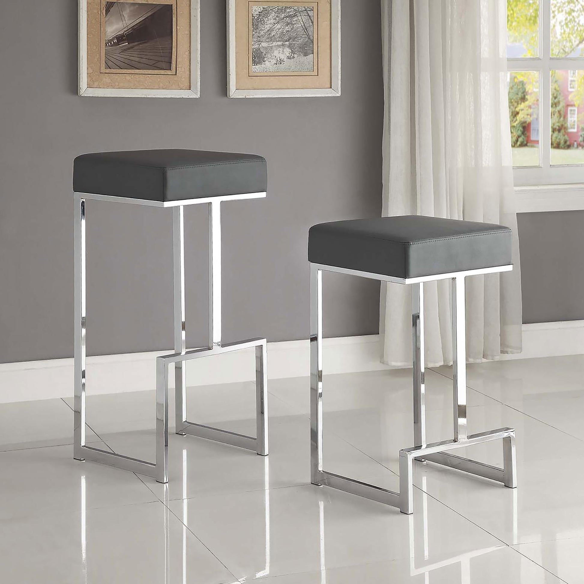 Grey And Chrome Upholstered Bar Stool Solid Grey Dining Room Foam Spot Clean Square Contemporary,Modern Bar Stools Foam Faux Leather