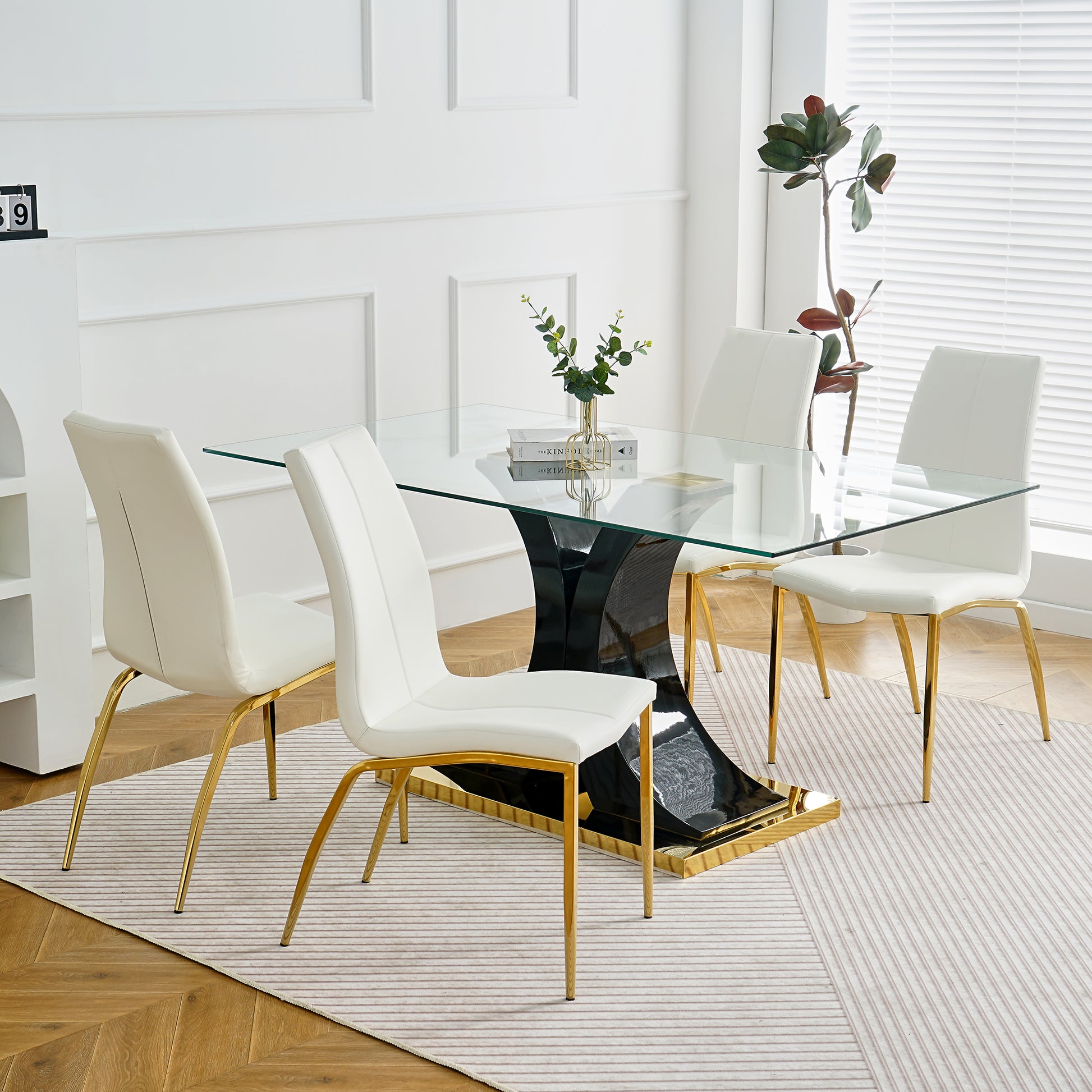 Modern Simple Table And Chair Set, One Table And Four Chairs. Transparent Tempered Glass Table Top, Solid Base. Gold Plated Metal Chair Legs Set Of 5 White Black Mdf Metal