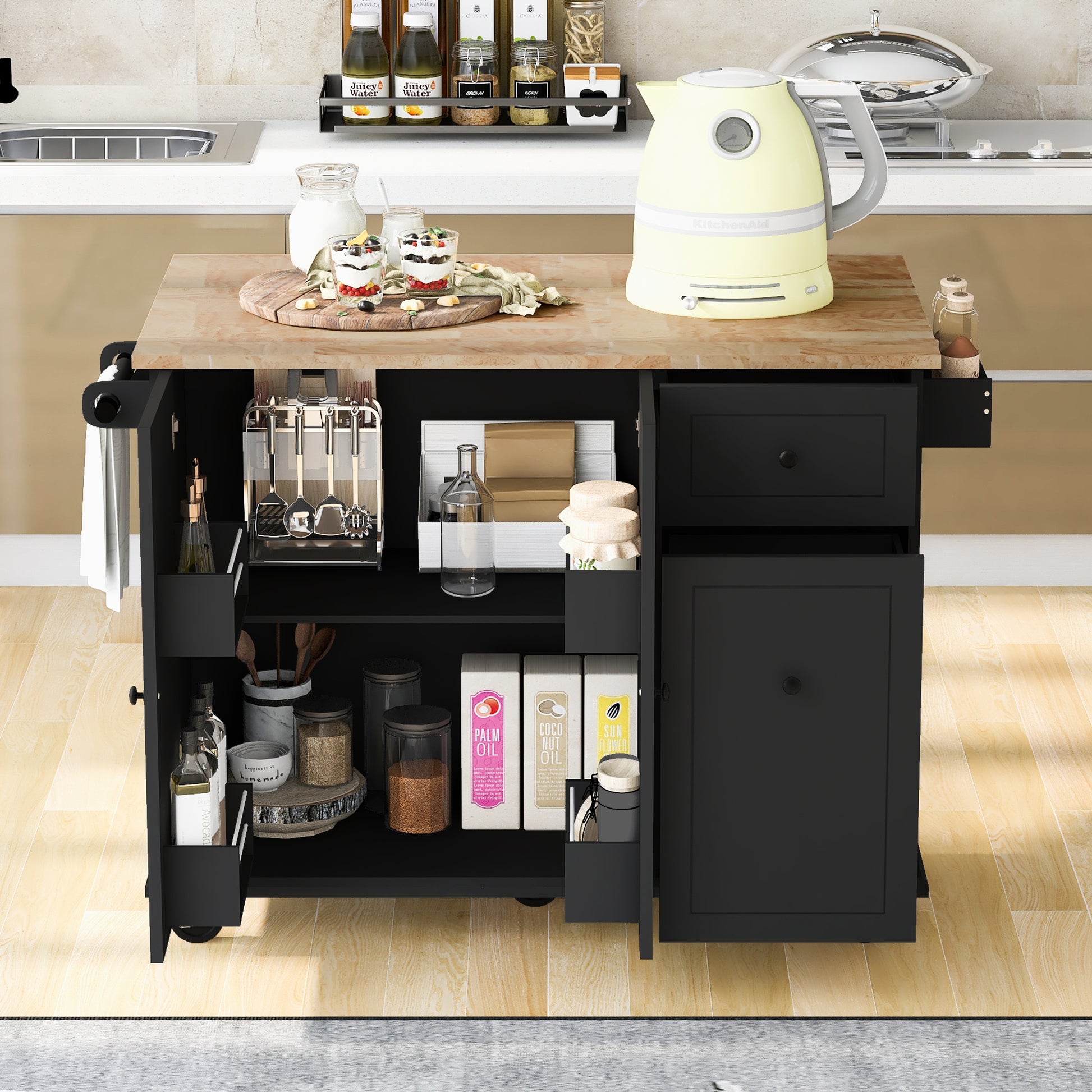 Kitchen Island with Drop Leaf, 53.9" Width Rolling