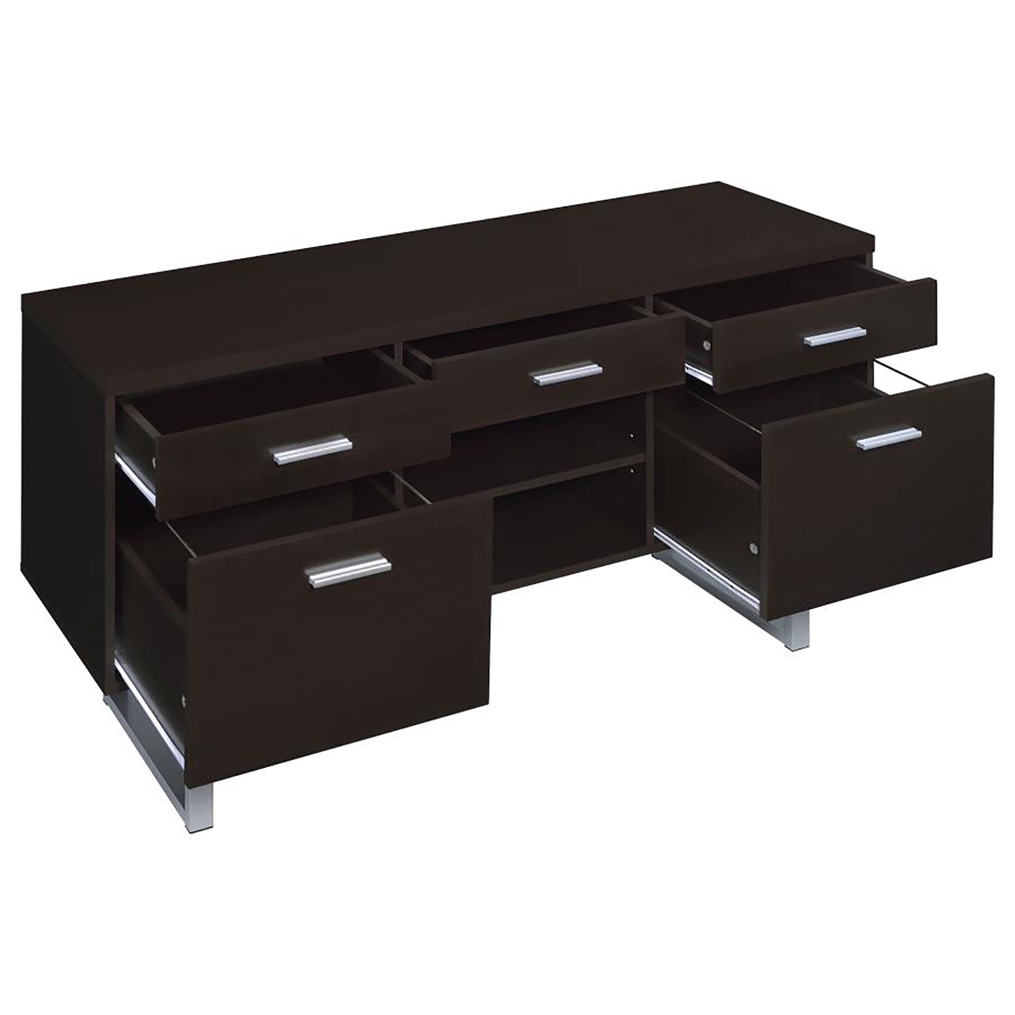 Cappuccino 5 drawer Credenza with Open Shelving
