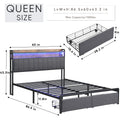 Queen Bed Frames With Storage Headboard And Drawers, Led Platform Bed Frame Queen Size, Led Upholstered Bed Frame With Charging Station, No Box Spring Needed, Easy Assembly, Grey Box Spring Not Required Gray Metal Bedroom Bed Frame Mdf Metal