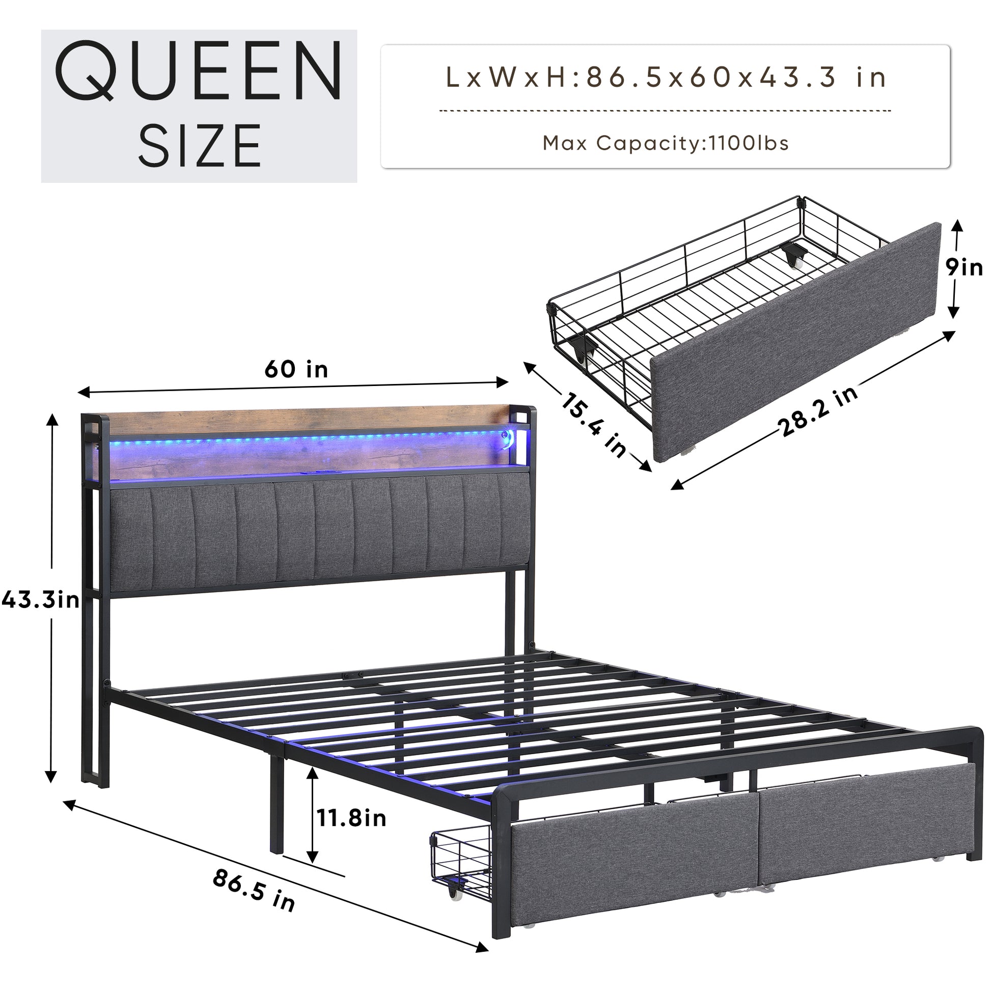 Queen Bed Frames With Storage Headboard And Drawers, Led Platform Bed Frame Queen Size, Led Upholstered Bed Frame With Charging Station, No Box Spring Needed, Easy Assembly, Grey Box Spring Not Required Gray Metal Bedroom Bed Frame Mdf Metal
