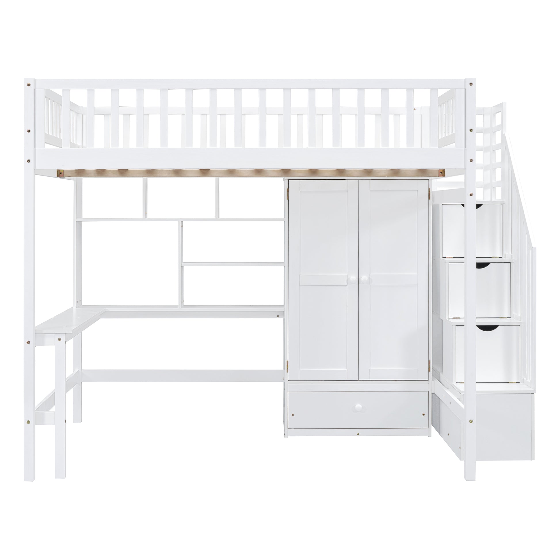 Full Size Loft Bed With Bookshelf,Drawers,Desk,And Wardrobe White Full White Solid Wood