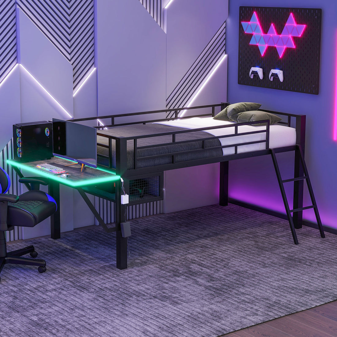 Gaming Mid Loft Bed With Desk, Led, Twin, Black Twin Black Mdf Metal