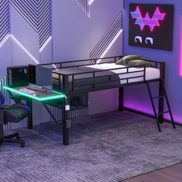 Gaming Mid Loft Bed With Desk, Led, Twin, Black Twin Black Mdf Metal