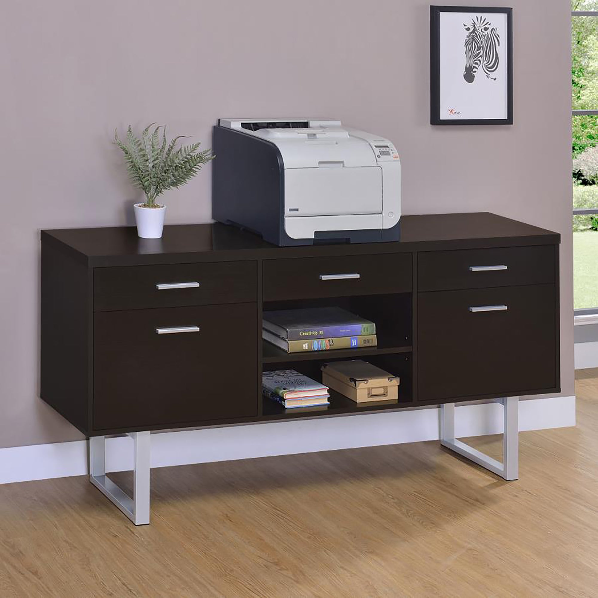 Cappuccino 5 Drawer Credenza With Open Shelving Cappuccino Brown Writting Desk Office Contemporary,Modern Rectangular Drawers Desk Wood Sled