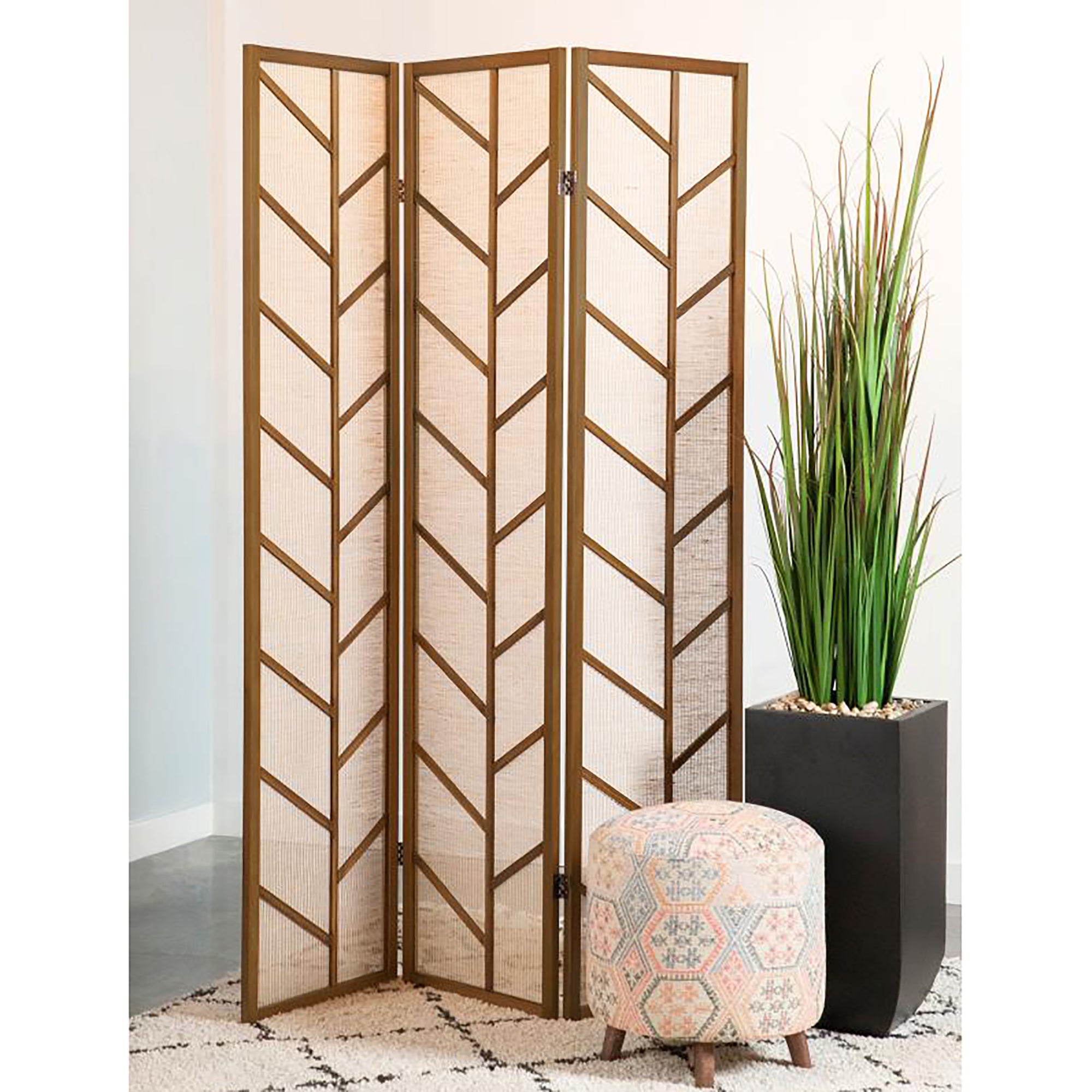 Walnut And Linen Foldable 3 Panel Screen Walnut Contemporary,Modern Jute