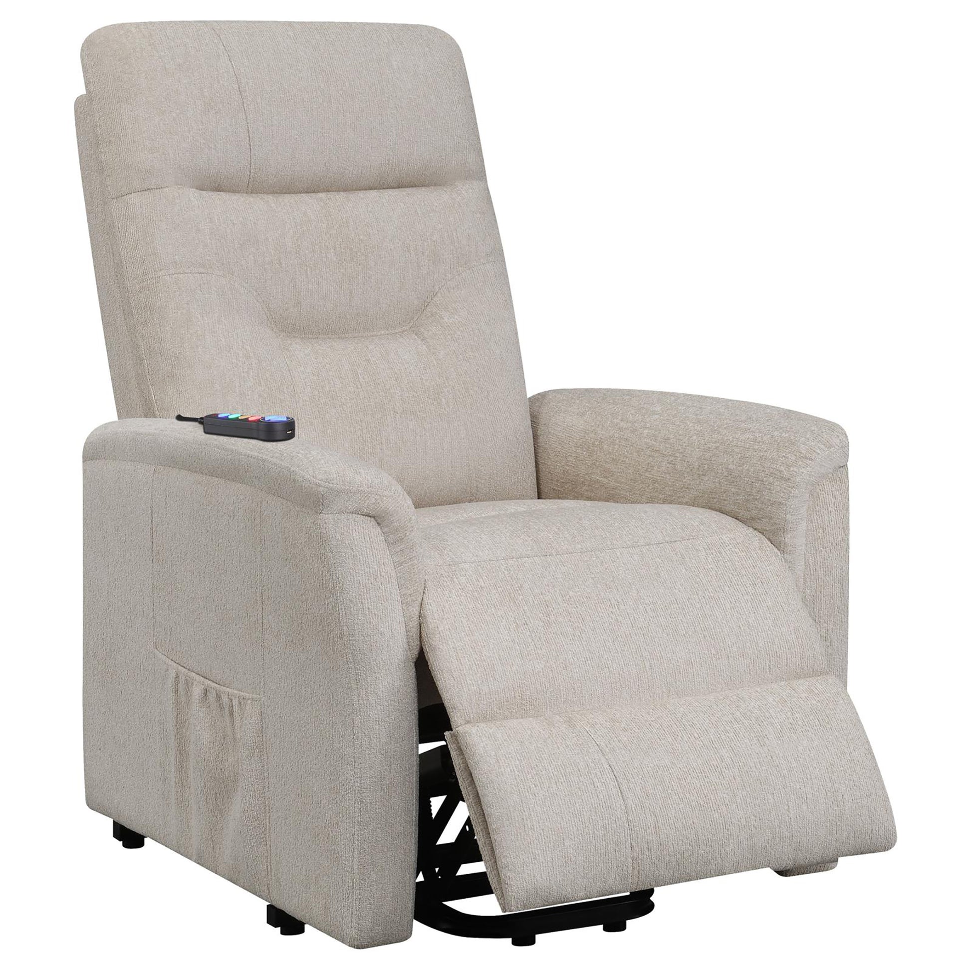 Beige Upholstered Power Lift Recliner With Storage Pocket Beige Chenille Power Remote Wood Primary Living Space Medium Firm Cushion Back Contemporary,Modern Square Arms Foam Fabric