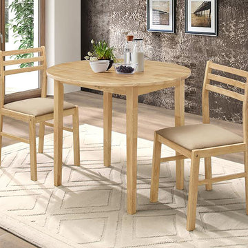 Natural And Tan 3 Piece Dining Set With Drop Leaf Light Brown Wood Dining Room Extendable Rubberwood Round Dining Table With Chair Wood Wood Natural Ladder Back Seats 2 36 Inches Drop Leaf Transitional 4 Leg Wood