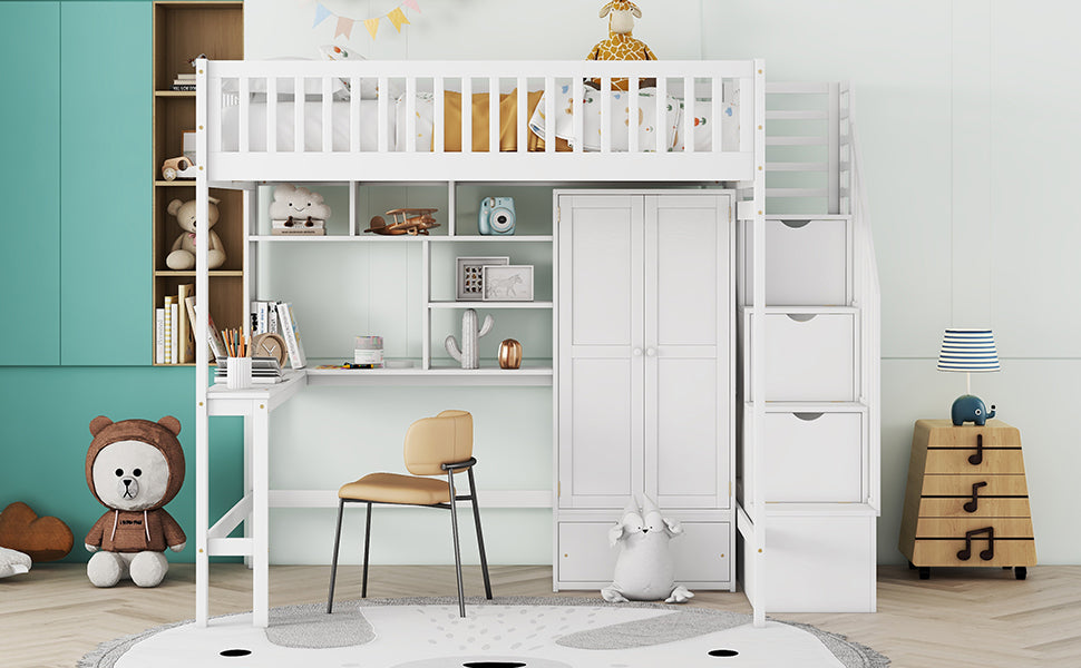 Full Size Loft Bed With Bookshelf,Drawers,Desk,And Wardrobe White Full White Solid Wood