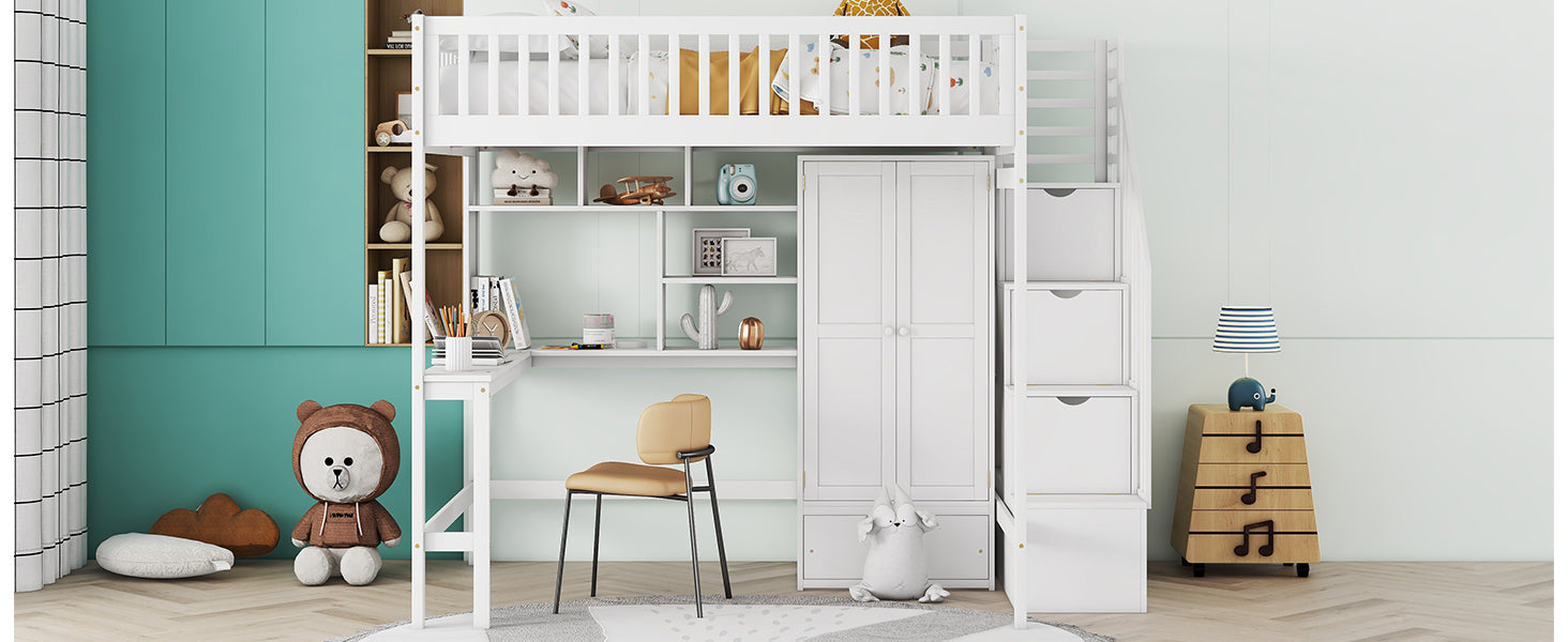 Full Size Loft Bed With Bookshelf,Drawers,Desk,And Wardrobe White Full White Solid Wood