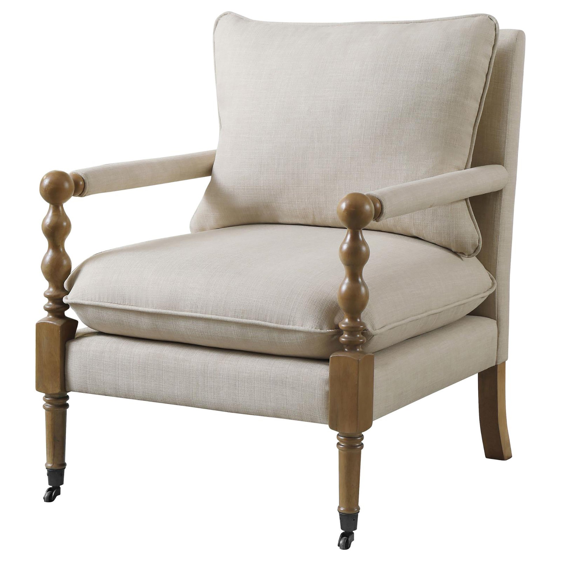Beige Wooden Accent Chair With Turned Legs Beige Light Brown Primary Living Space Traditional Rubberwood Foam Fabric