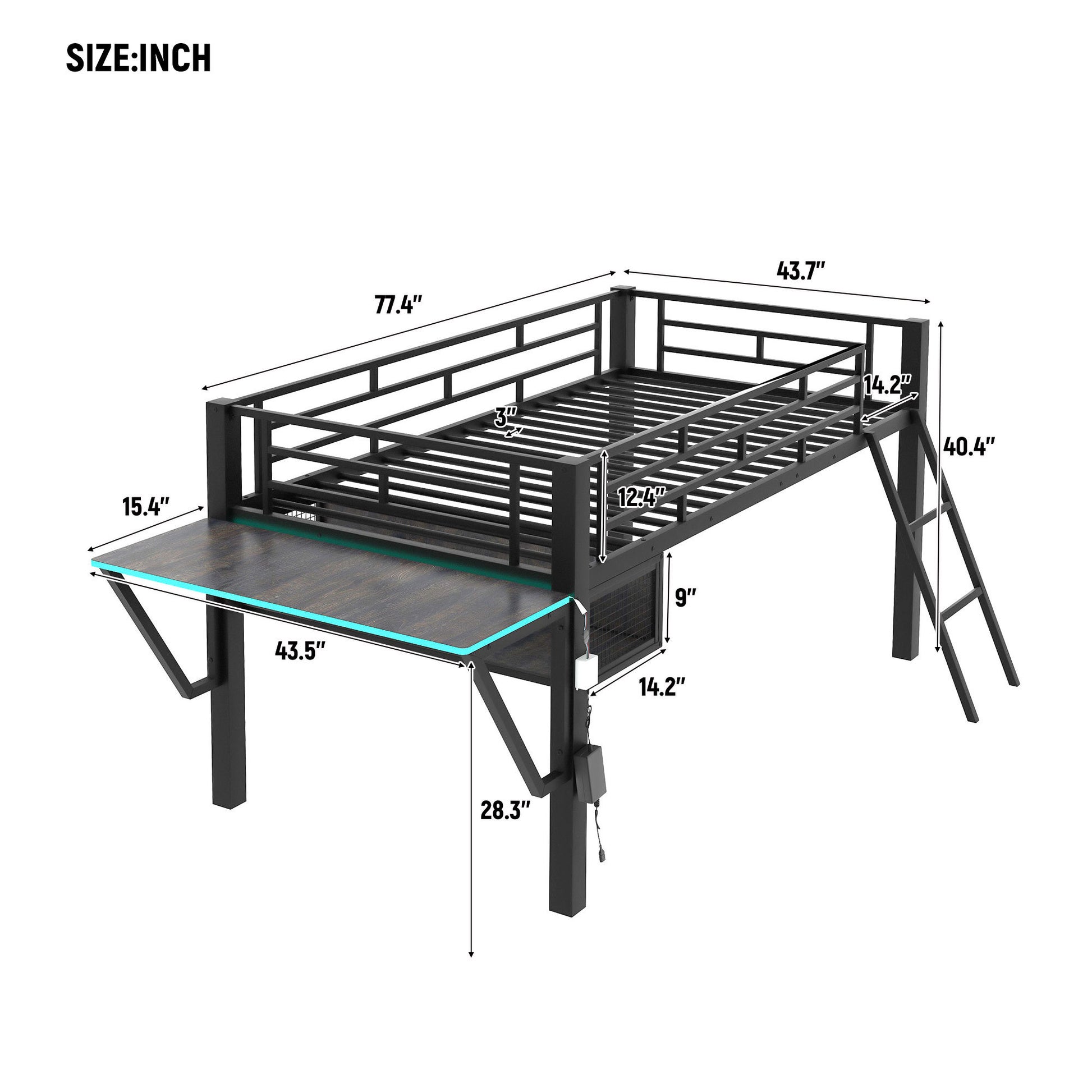 Gaming Mid Loft Bed With Desk, Led, Twin, Black Twin Black Mdf Metal