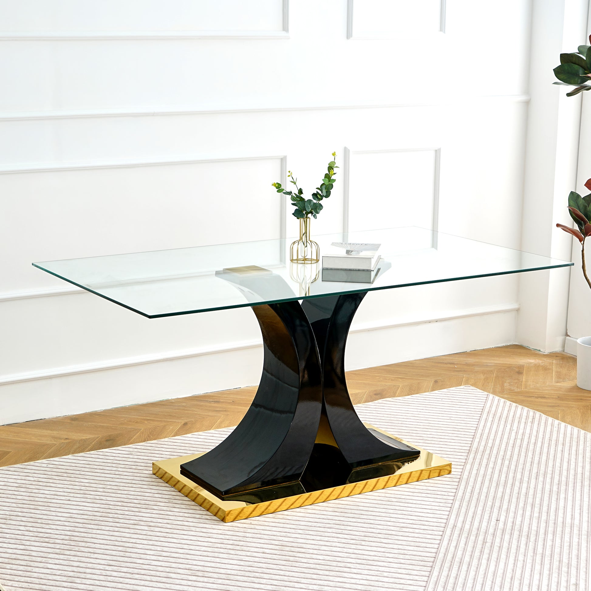 Modern Simple Table And Chair Set, One Table And Four Chairs. Transparent Tempered Glass Table Top, Solid Base. Gold Plated Metal Chair Legs Set Of 5 White Black Mdf Metal