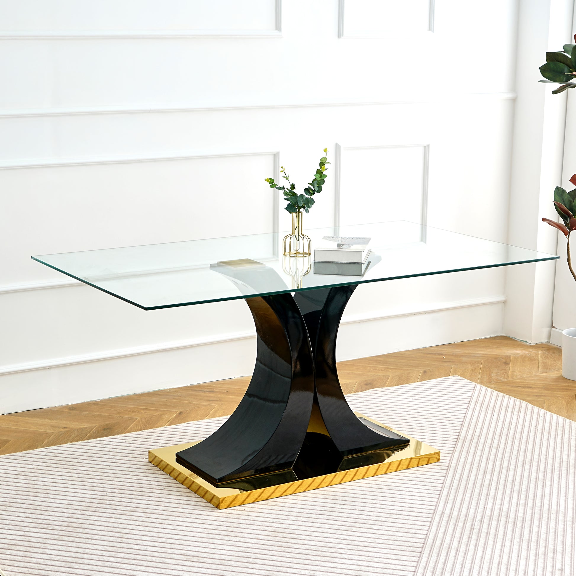 Modern Simple Table And Chair Set, One Table And Four Chairs. Transparent Tempered Glass Table Top, Solid Base. Gold Plated Metal Chair Legs Set Of 5 Black Mdf Metal