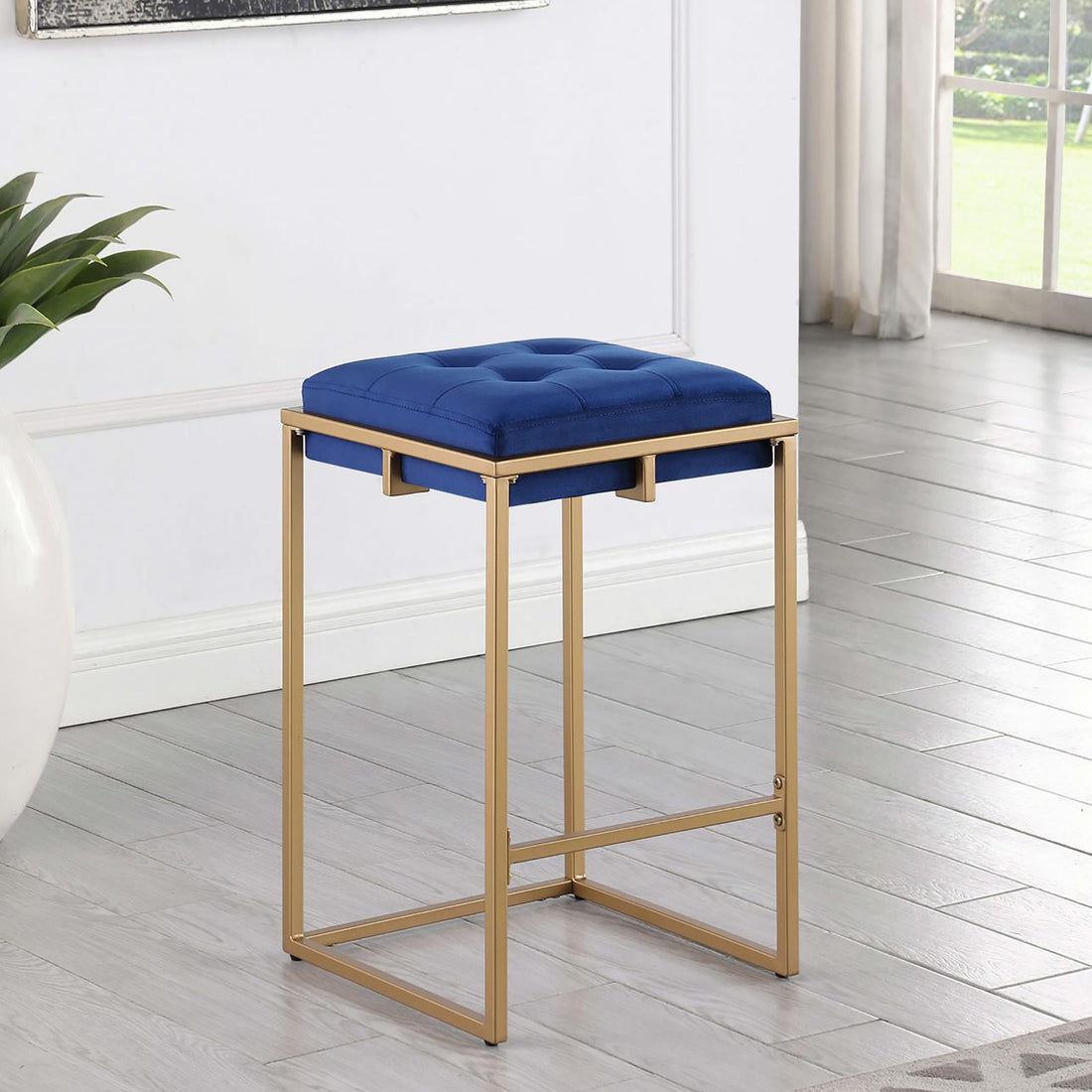 Blue And Gold Square Counter Height Stools Set Of 2 Solid Blue Dining Room Foam Spot Clean Square Contemporary,Modern Bar Stools Foam Velvet