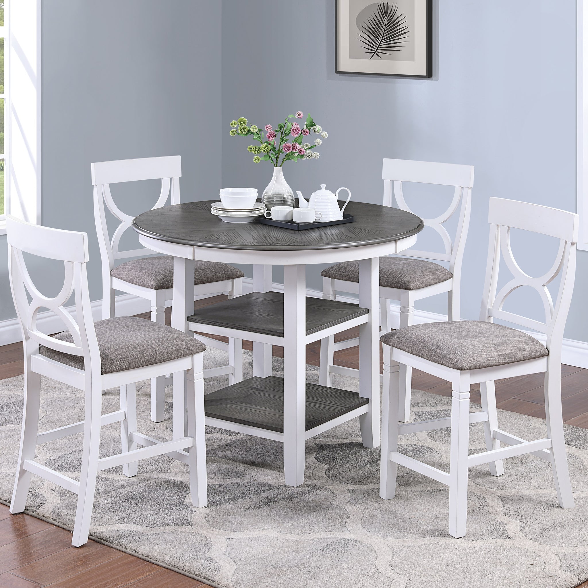 Counter Height Dining Table W Storage Shelve 4X Chairs Padded Seat Unique Design Back 5Pc Dining Set White Color Wood White Seats 4 White Dining Room Contemporary,Modern Round Dining Table With Chair Rubber Wood