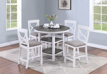 Counter Height Dining Table W Storage Shelve 4X Chairs Padded Seat Unique Design Back 5Pc Dining Set White Color Wood White Seats 4 White Dining Room Contemporary,Modern Round Dining Table With Chair Rubber Wood