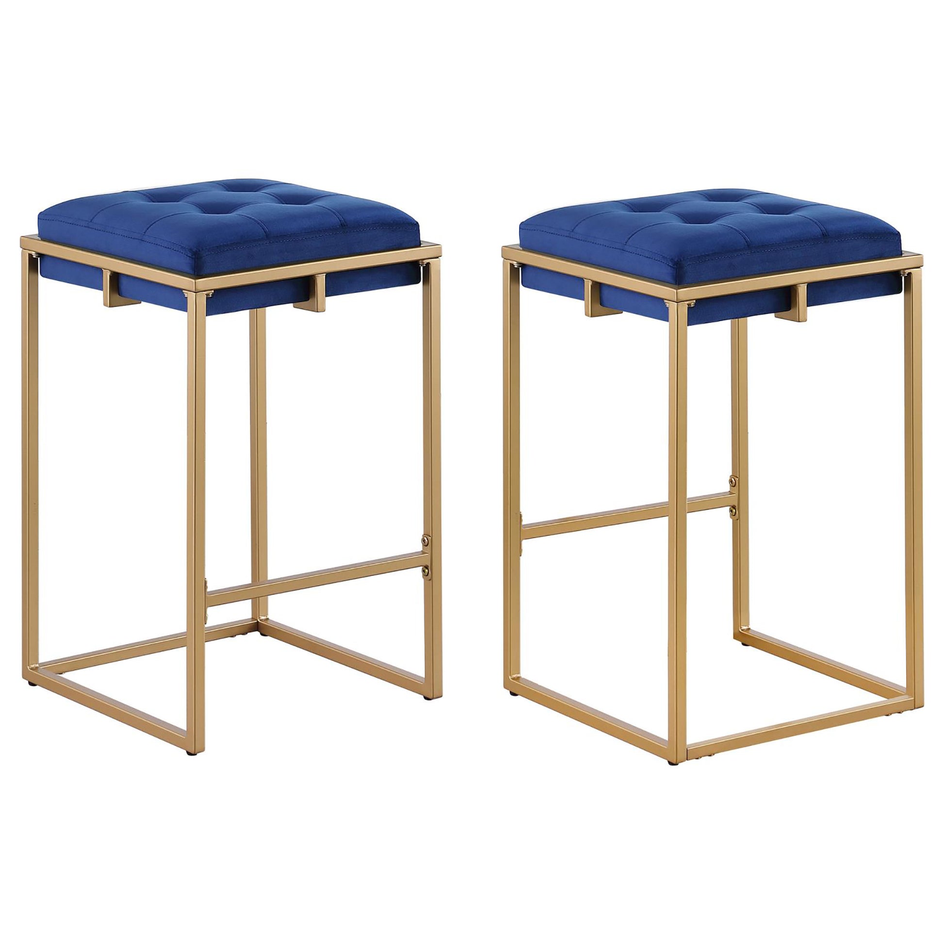 Blue And Gold Square Counter Height Stools Set Of 2 Solid Blue Dining Room Foam Spot Clean Square Contemporary,Modern Bar Stools Foam Velvet