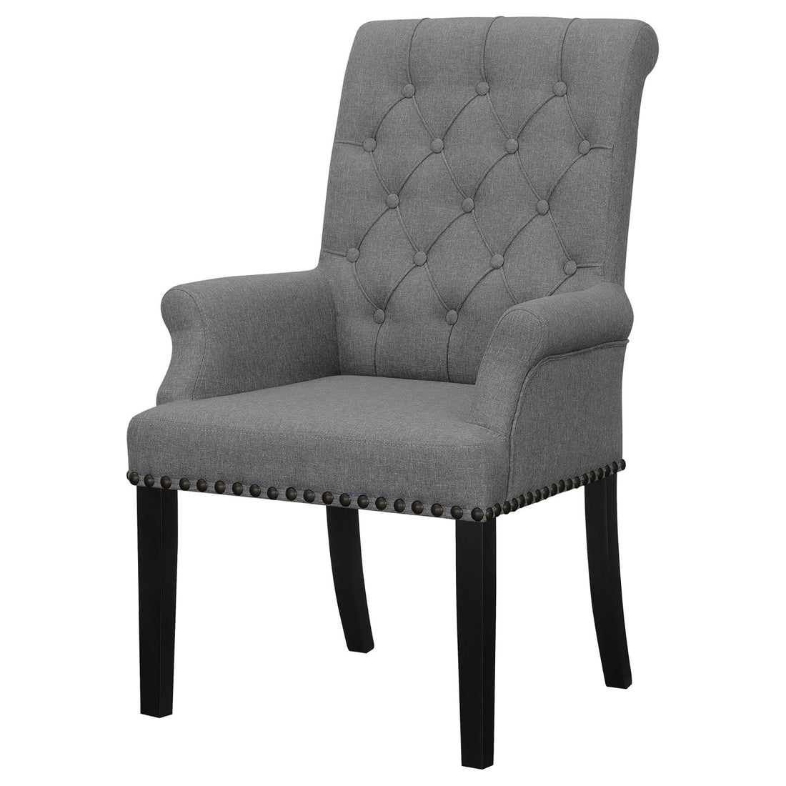 Grey Tufted Arm Chairs With Trim Solid Grey Espresso Dining Room Foam Spot Clean Transitional Arm Chair Rubberwood Tufted Back Foam Fabric