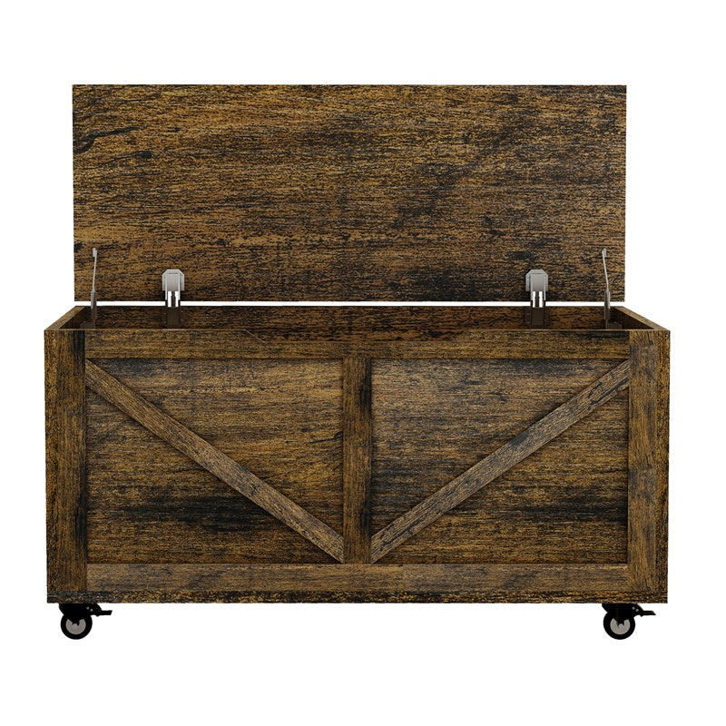 Storage Chest, Storage Trunk On Wheels With Brakes, Sturdy Storage Bench Supports 300 Lb, Wooden Entryway Bench, Shoe Bench, Movable, Safety Hinge, U Shaped Opening, Easy Assembly, Rustic Brown Chest 1 2 Spaces Barn Door Rustic Brown Brown Primary Living