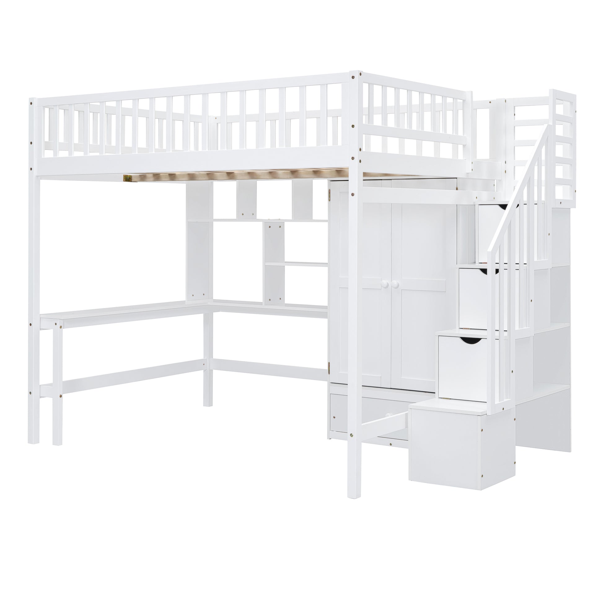 Full Size Loft Bed With Bookshelf,Drawers,Desk,And Wardrobe White Full White Solid Wood