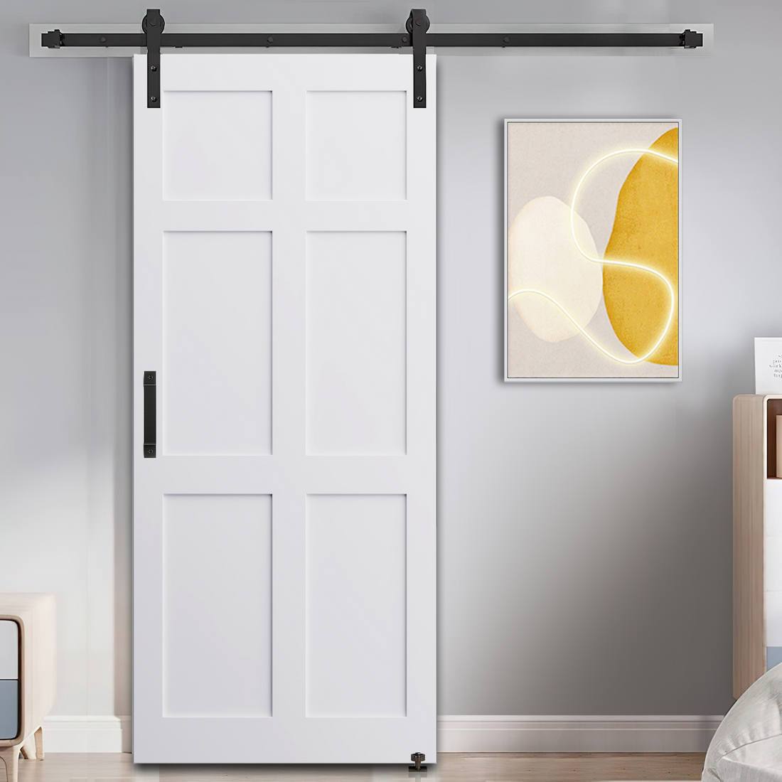 24" X 80" Six Paneled Real Primed Door Slab 6.6Ft Barn Door Sliding Hardware Adjustable Floor Guider Pull Handle, Diy Unfinished Paneled Door, Modern Interior Barn Door, Water Proof White Mdf