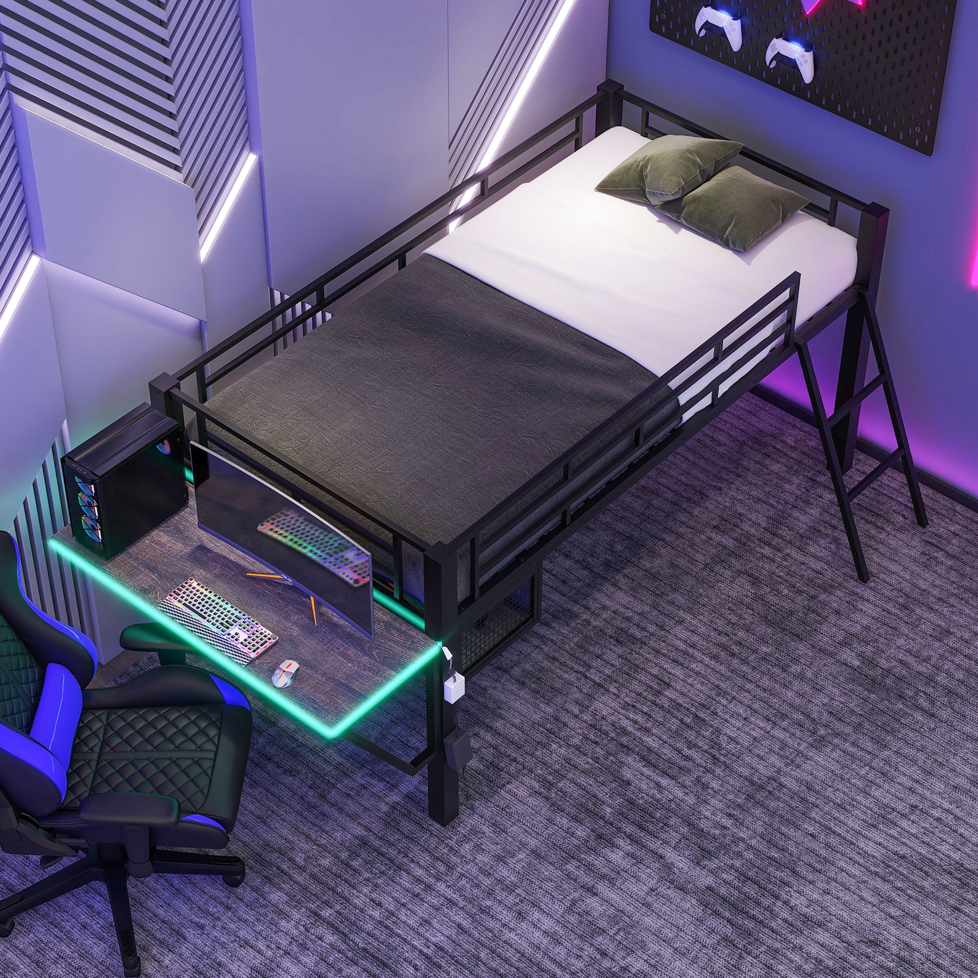 Gaming Mid Loft Bed With Desk, Led, Twin, Black Twin Black Mdf Metal