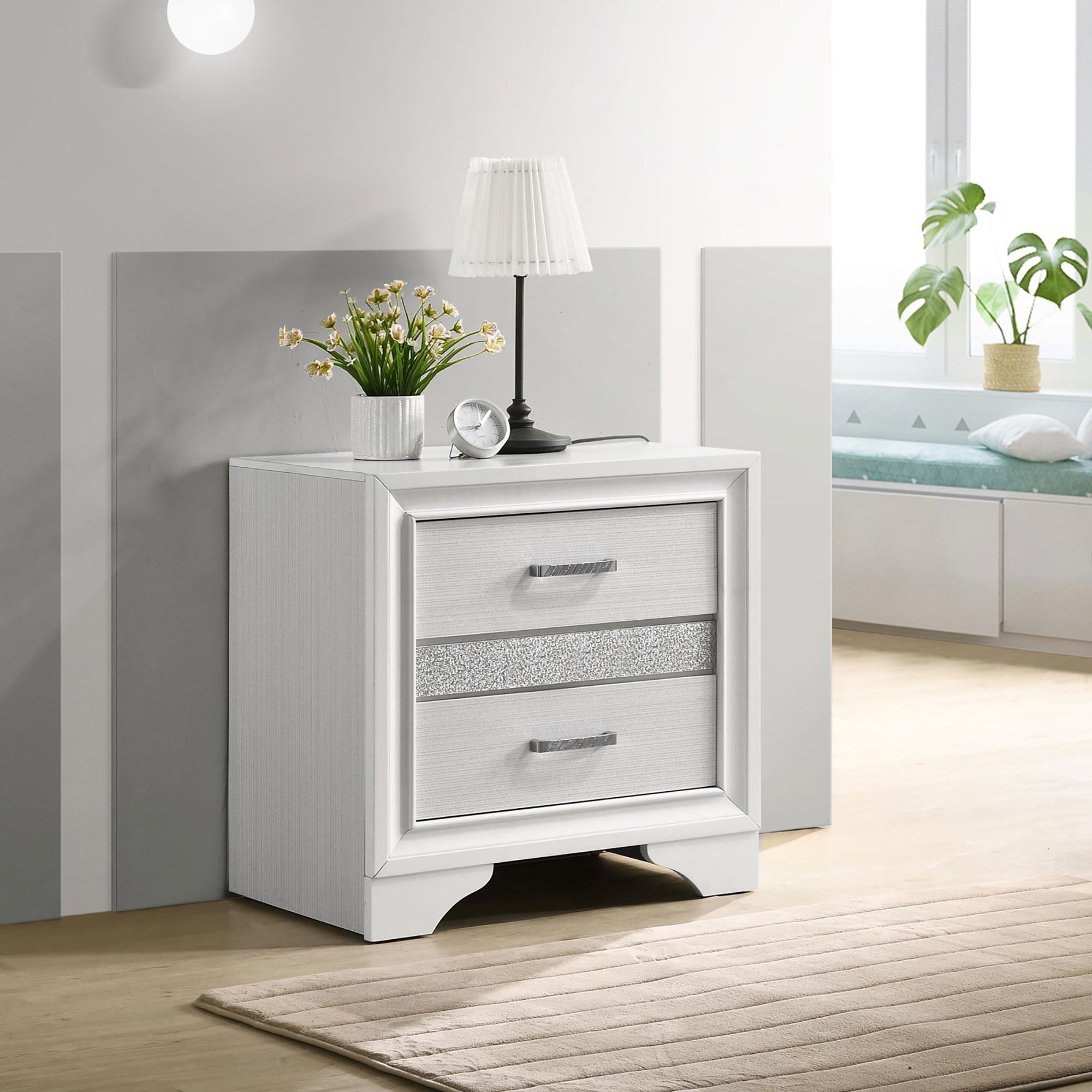 White 2 Drawer Nightstand With Hidden Jewelry Tray White White 2 Drawers Bedroom Drawer Storage Contemporary,Modern Rubberwood Felt Lined Drawers White Wood