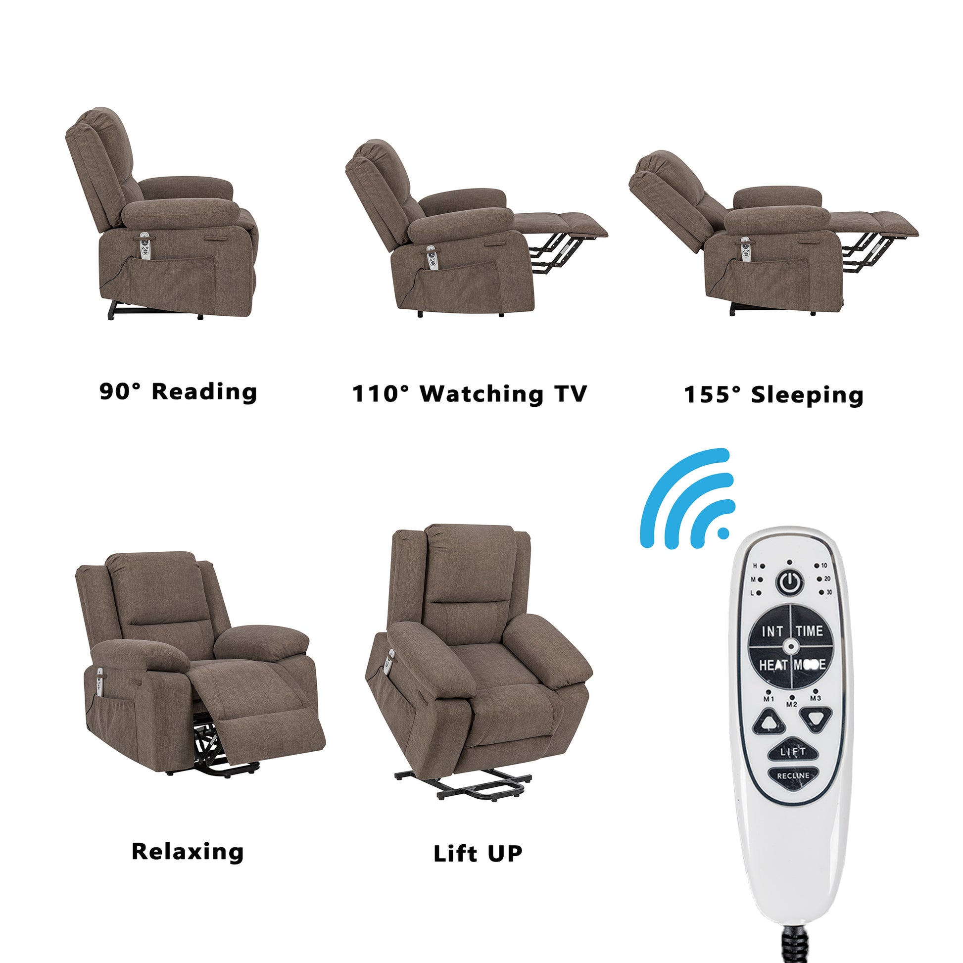 Electric Power Recliner Chair With Massage For Elderly ,Remote Control Multi Function Lifting, Timing, Cushion Heating Chair With Side Pocket Brown Brown Power Remote Metal Primary Living Space American Design Cat Scratch Fabric