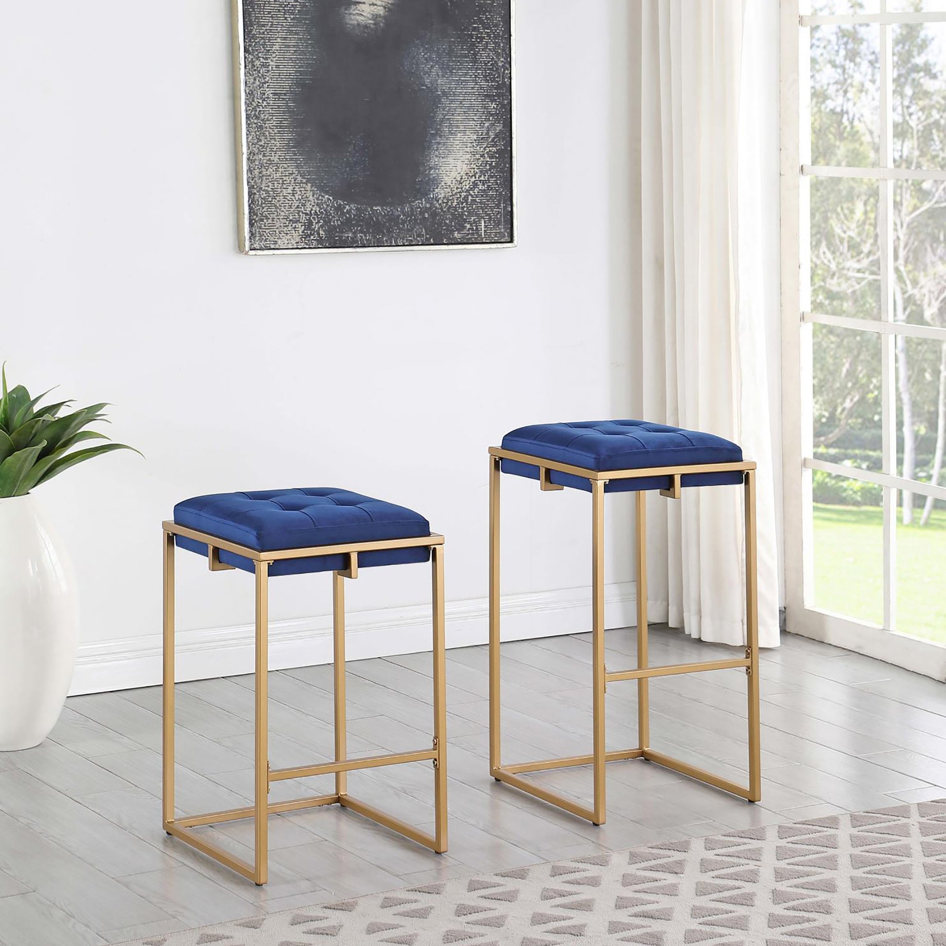 Contemporary Barstool Blue Blue And Gold Square Counter Height