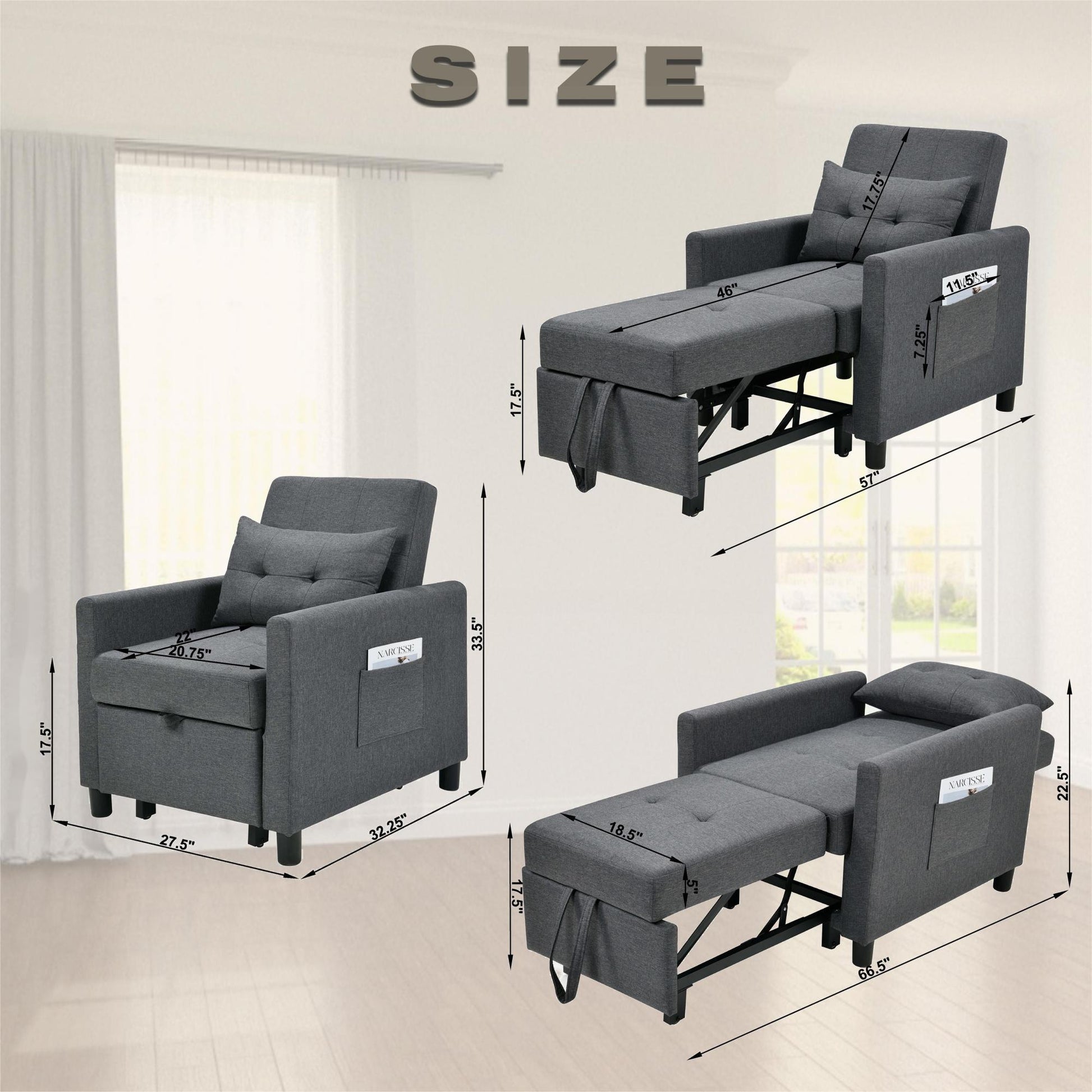 3 In 1 Convertible Futon Sofa Bed With Adjustable Backrest, Single Sofa Bed With Pull Out Sleeper, Convertible Futon Chair For Living Room, Side Bag And 1 Lumbar Pillow,Dark Gray Dark Gray Linen Wood Fabric 1 Seat