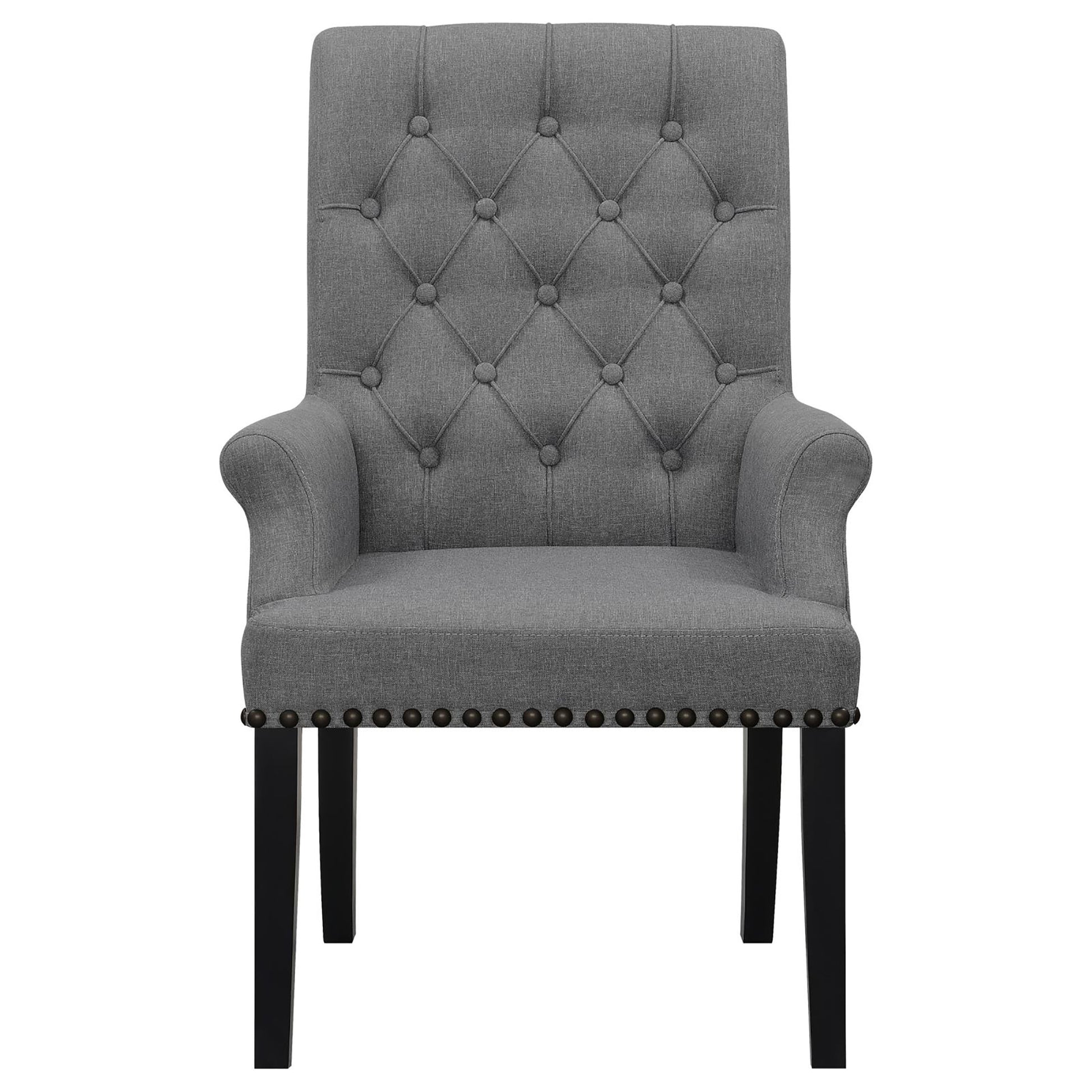 Grey Tufted Arm Chairs With Trim Solid Grey Espresso Dining Room Foam Spot Clean Transitional Arm Chair Rubberwood Tufted Back Foam Fabric