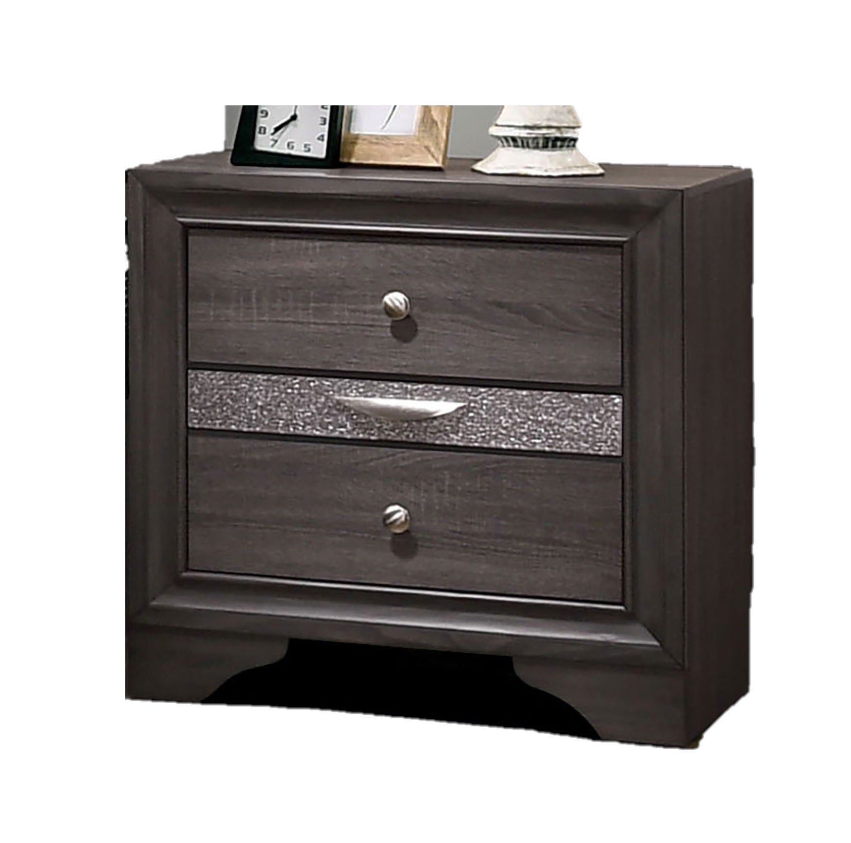 Contemporary 1Pc Nightstand Gray Finish Silver Accents Hidden Jewelry Drawer Nickel Round Knob Bedside Table Bedroom Furniture Gray Gray 2 Drawers Bedroom Bedside Cabinet Contemporary,Modern,Transitional Rubberwood Drawers Solid Wood