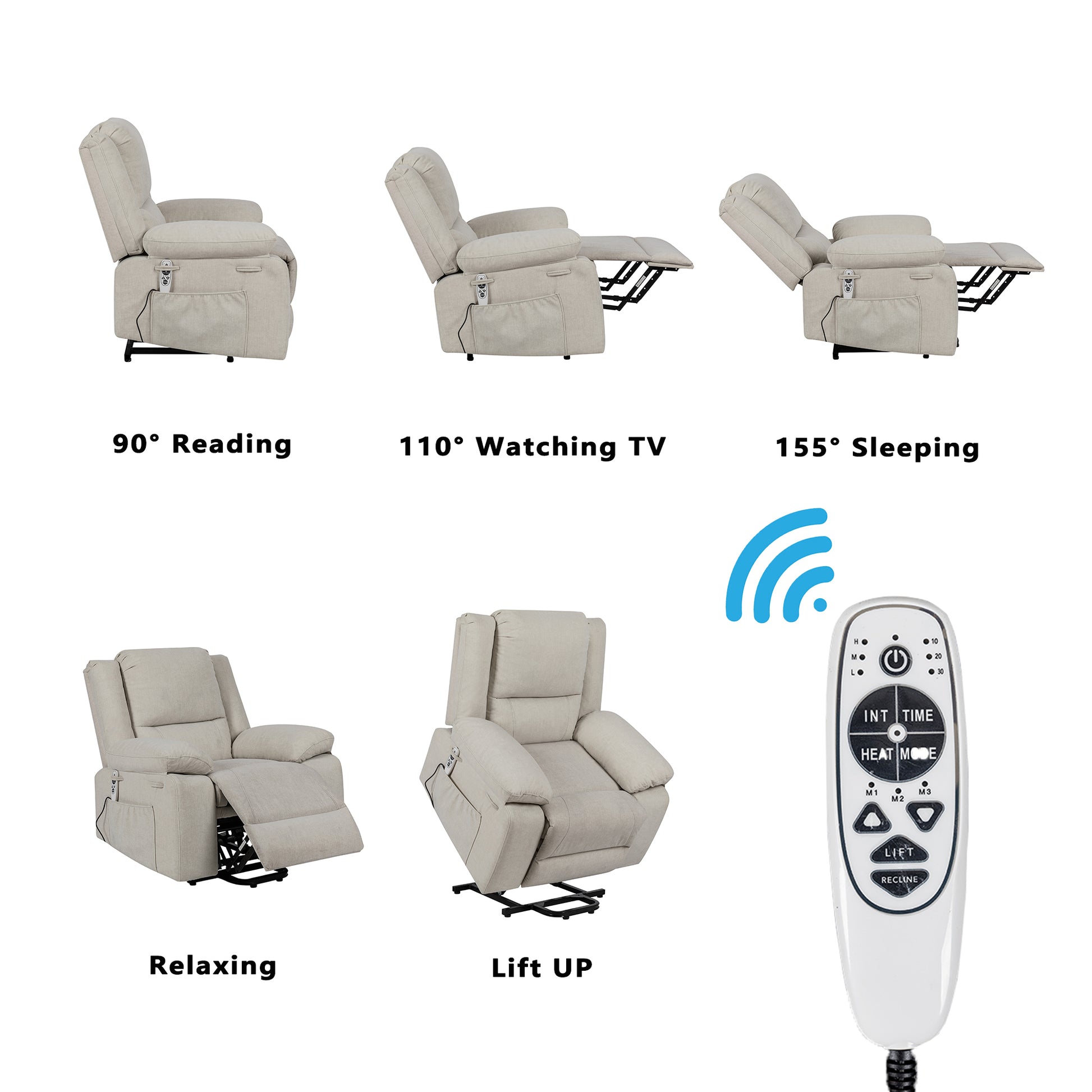 Electric Power Recliner Chair With Massage For Elderly ,Remote Control Multi Function Lifting, Timing, Cushion Heating Chair With Side Pocket Beige Beige Power Push Button Metal Primary Living Space Soft American Design Cat Scratch Fabric