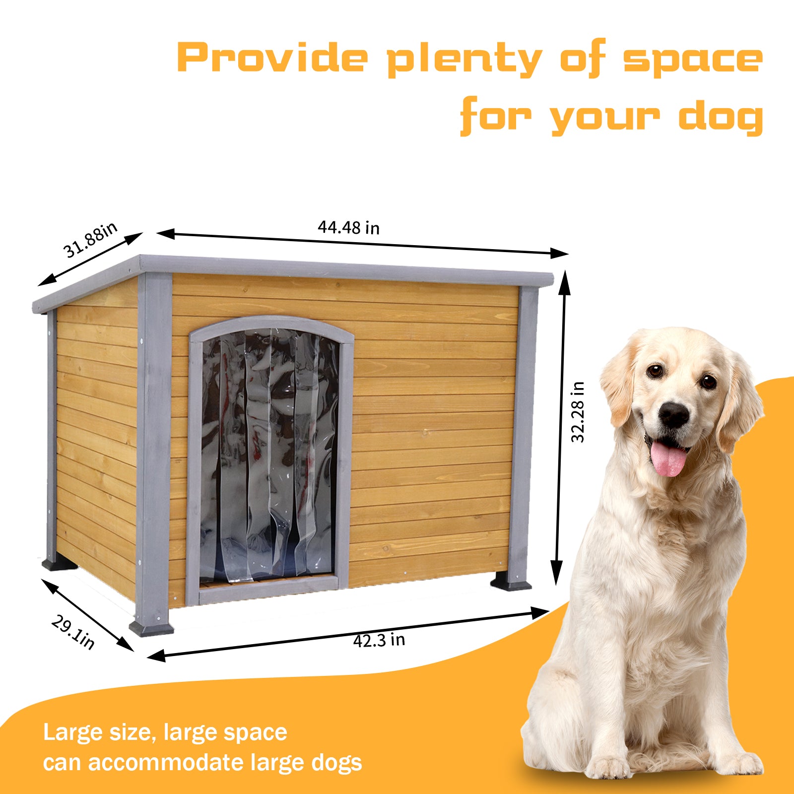 45" Winter Warm Outdoor Indoor Dog House, Made Of Solid Wood, Plastic Curtain, Insulation Mat. Golden Black Solid Wood