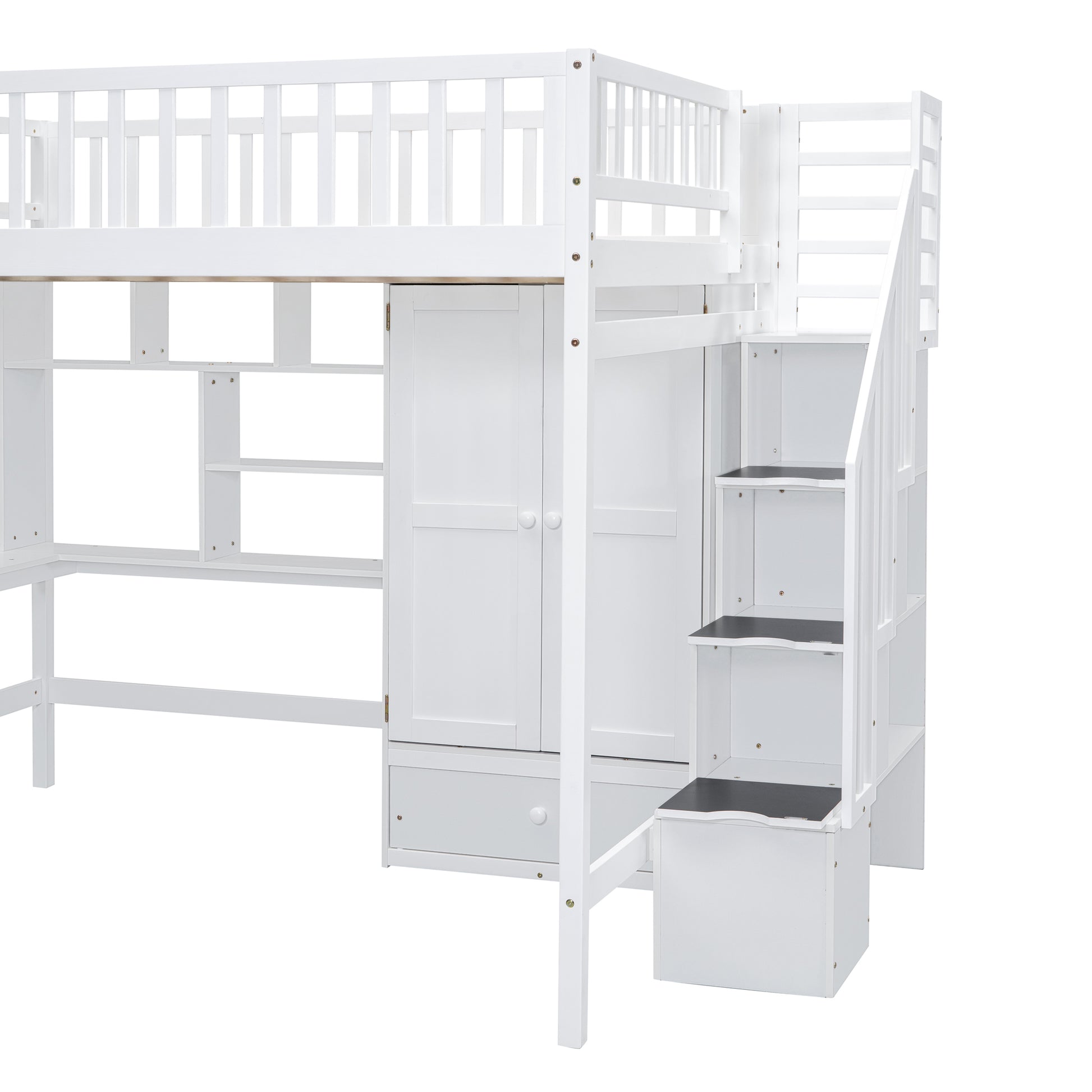 Full Size Loft Bed With Bookshelf,Drawers,Desk,And Wardrobe White Full White Solid Wood