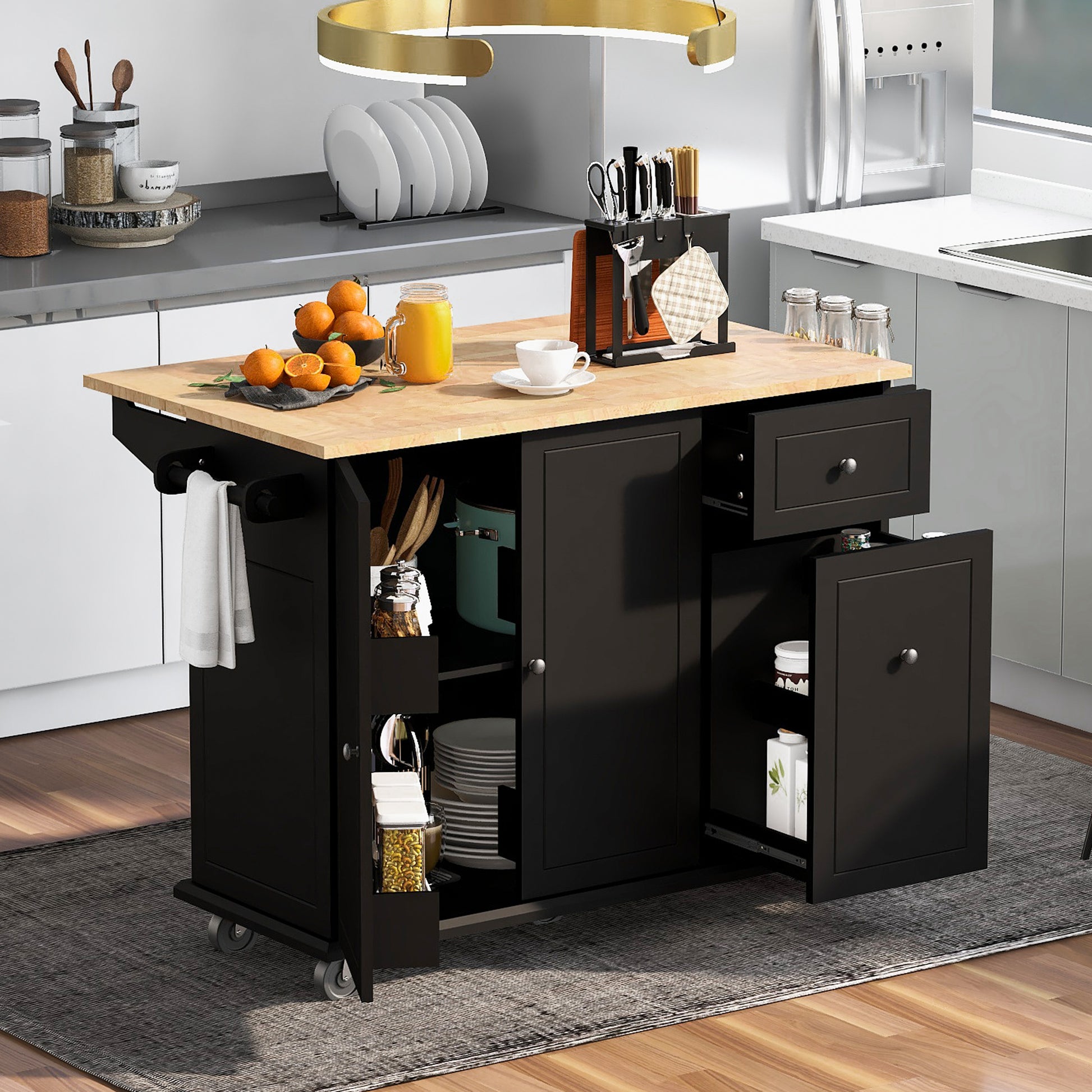 Kitchen Island with Drop Leaf, 53.9" Width Rolling