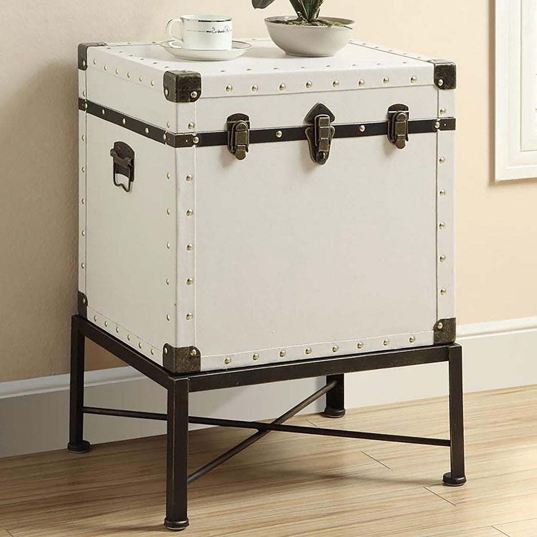 White And Bronze Washed Trunk Style Accent Cabinet Accent Chests 1 2 Spaces White White Primary Living Space Contemporary,Modern Wood