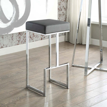 Grey And Chrome Upholstered Bar Stool Solid Grey Dining Room Foam Spot Clean Square Contemporary,Modern Bar Stools Foam Faux Leather