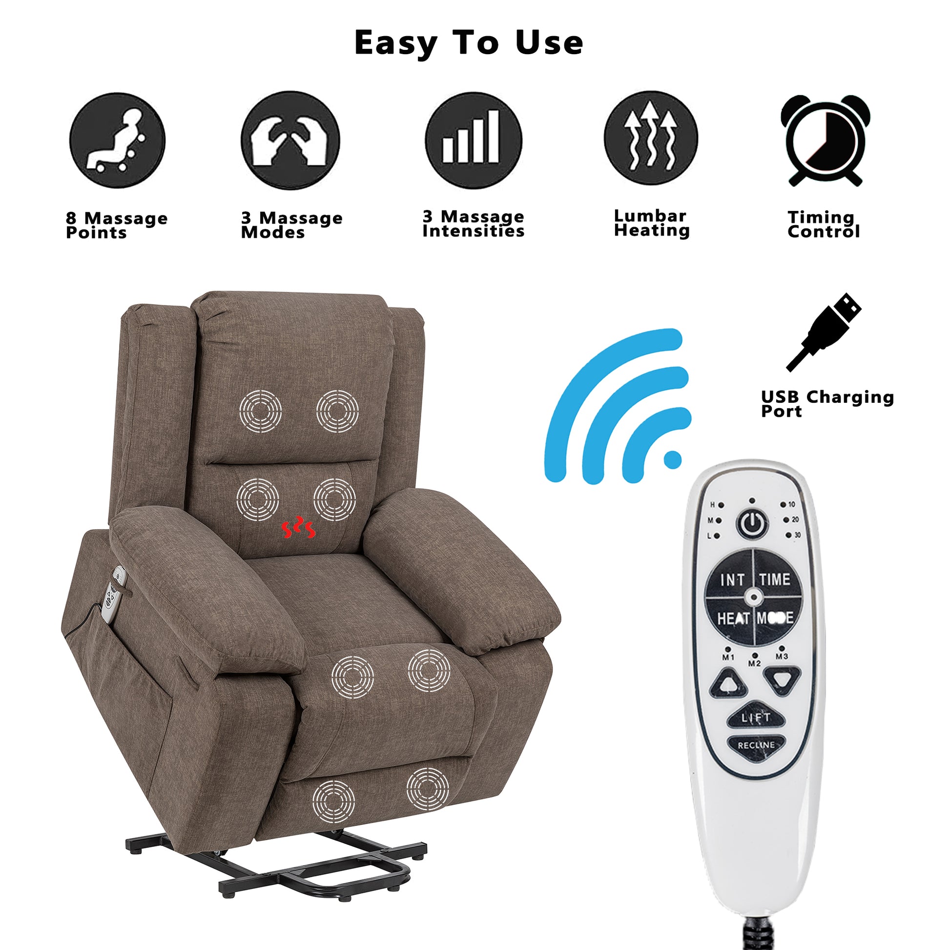 Electric Power Recliner Chair With Massage For Elderly ,Remote Control Multi Function Lifting, Timing, Cushion Heating Chair With Side Pocket Brown Brown Power Remote Metal Primary Living Space American Design Cat Scratch Fabric