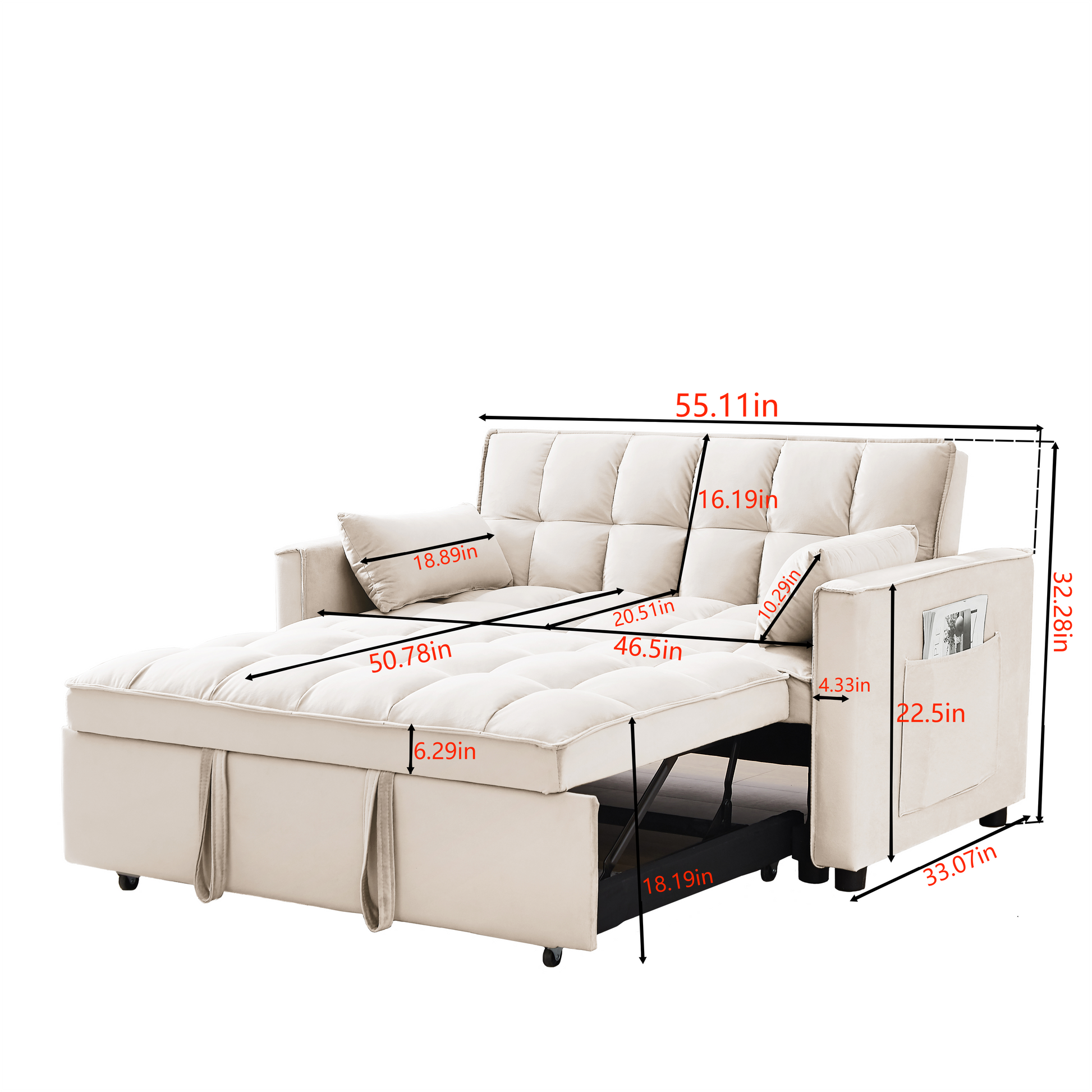 Modern Velvet Loveseat Futon Sofa Couch W Pullout Bed,Small Beautiful Seat Lounge Sofa W Reclining Backrest,Toss Pillows, Pockets,Furniture For Living Room,3 In 1 Convertible Sleeper Sofa Bed, Creamy White Creamy White Light Brown Velvet Wood Primary