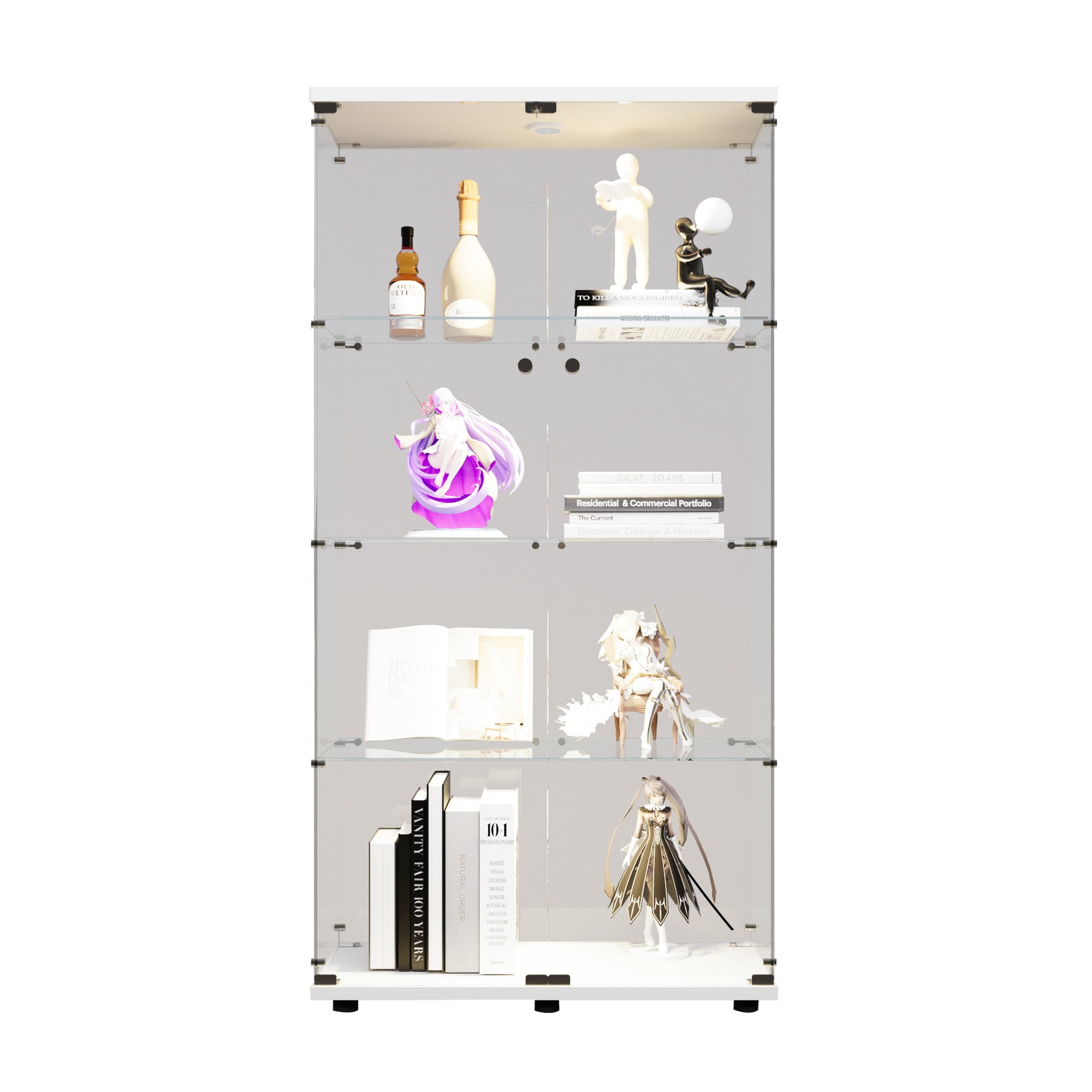 Two Door Led Lights Glass Display Cabinet 4 Shelves With Door, Floor Standing Curio Bookshelf For Living Room Bedroom Office, 64.7"*31.7"*14.3", White White Glass