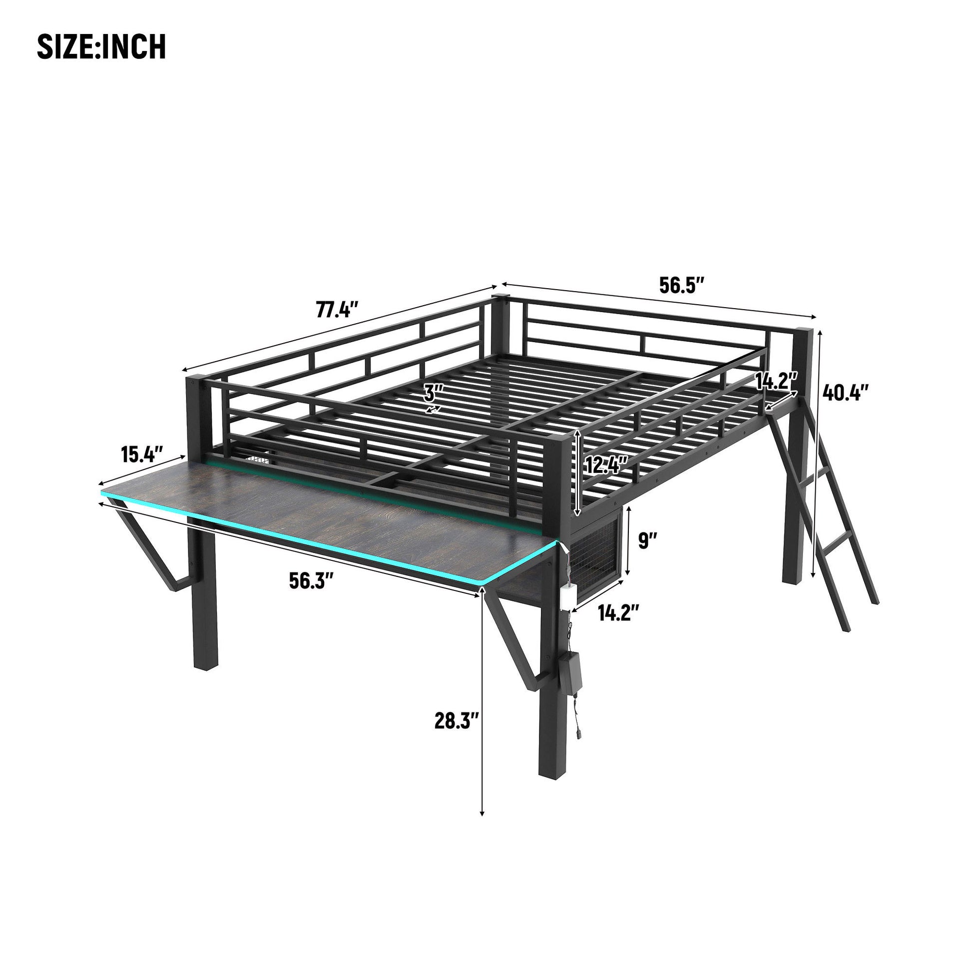 Gaming Mid Loft Bed With Desk, Led, Full, Black Full Black Mdf Metal