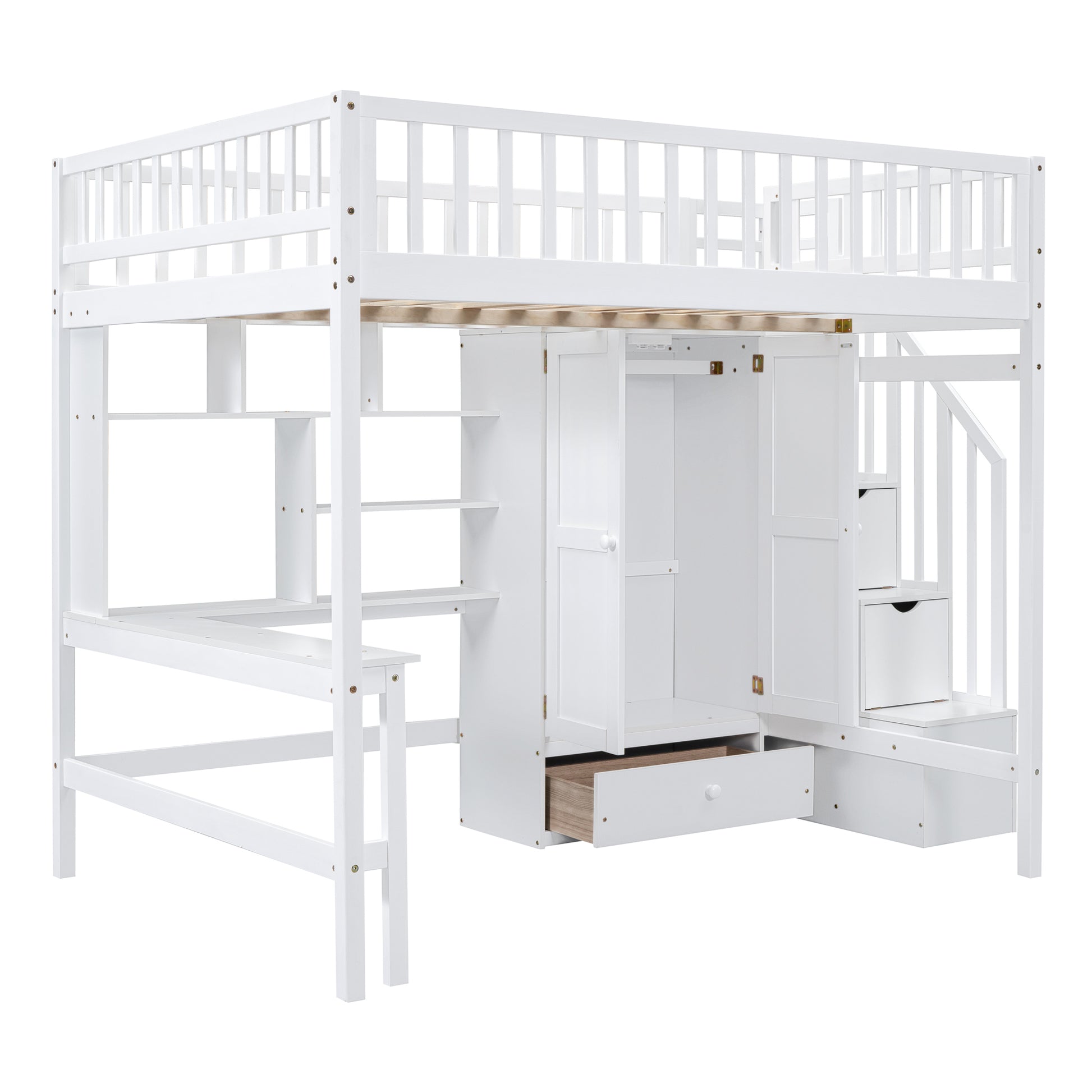 Full Size Loft Bed With Bookshelf,Drawers,Desk,And Wardrobe White Full White Solid Wood