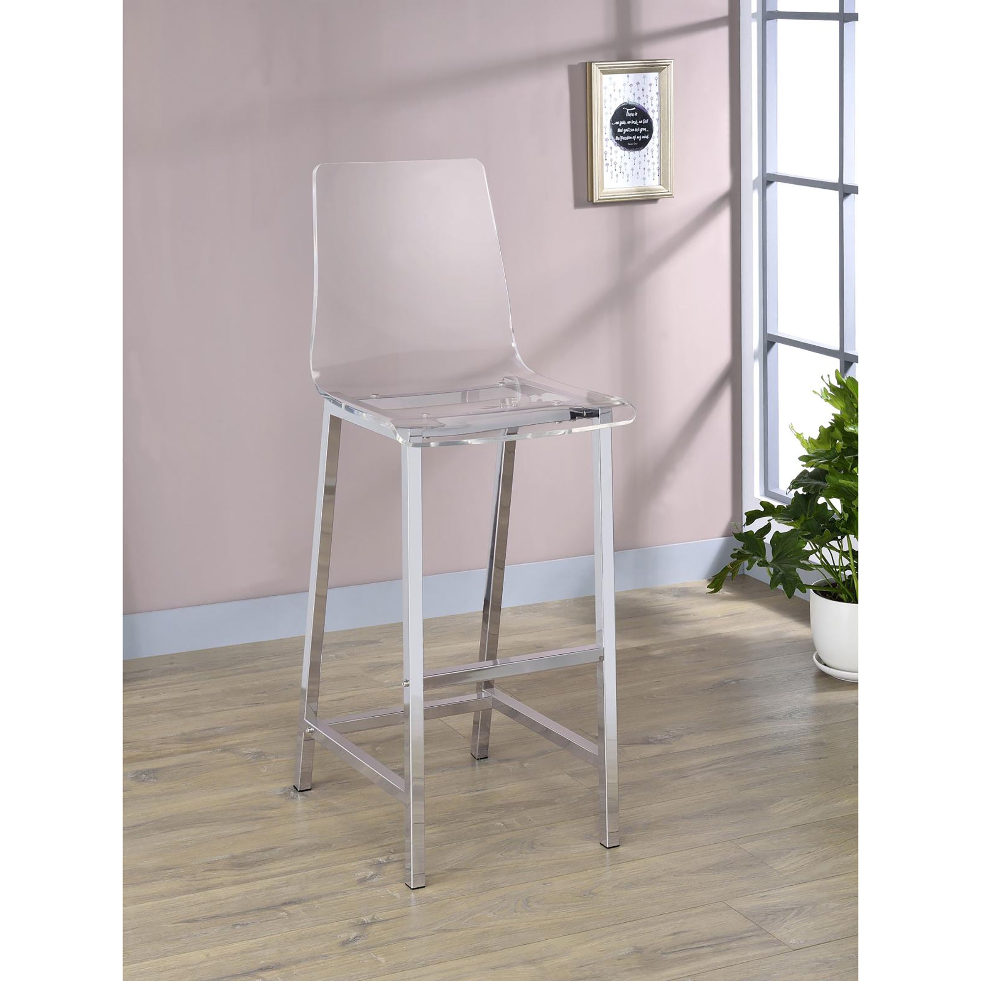 Clear And Chrome Bar Stools Set Of 2 Solid Clear Dining Room Wipe Clean Rectangular Contemporary,Modern Bar Stools Solid Back Acrylic