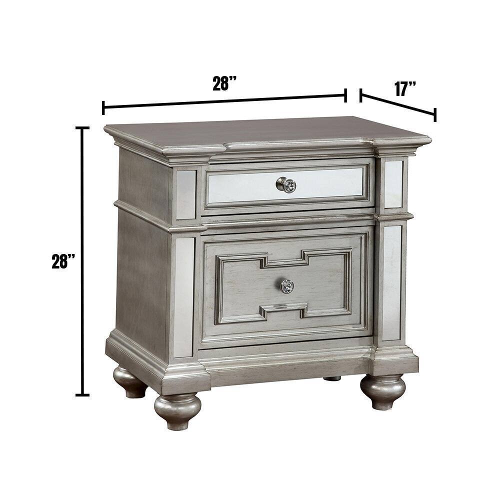 Glam 1pc Nightstand Silver Solid Wood Mirror Panel silver-2 drawers-bedroom-bedside