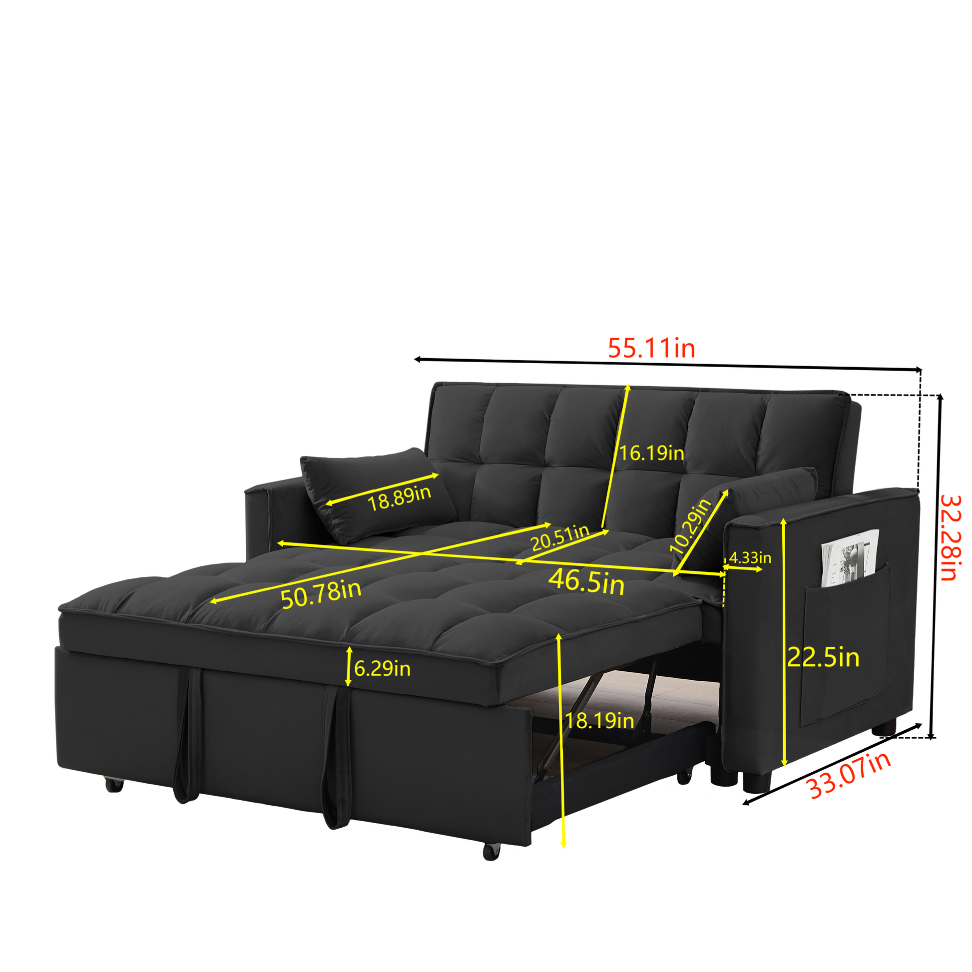 Modern Velvet Loveseat Futon Sofa Couch W Pullout Bed,Small Beautiful Seat Lounge Sofa W Reclining Backrest,Toss Pillows, Pockets,Furniture For Living Room,3 In 1 Convertible Sleeper Sofa Bed, Black Black Velvet 2 Seat