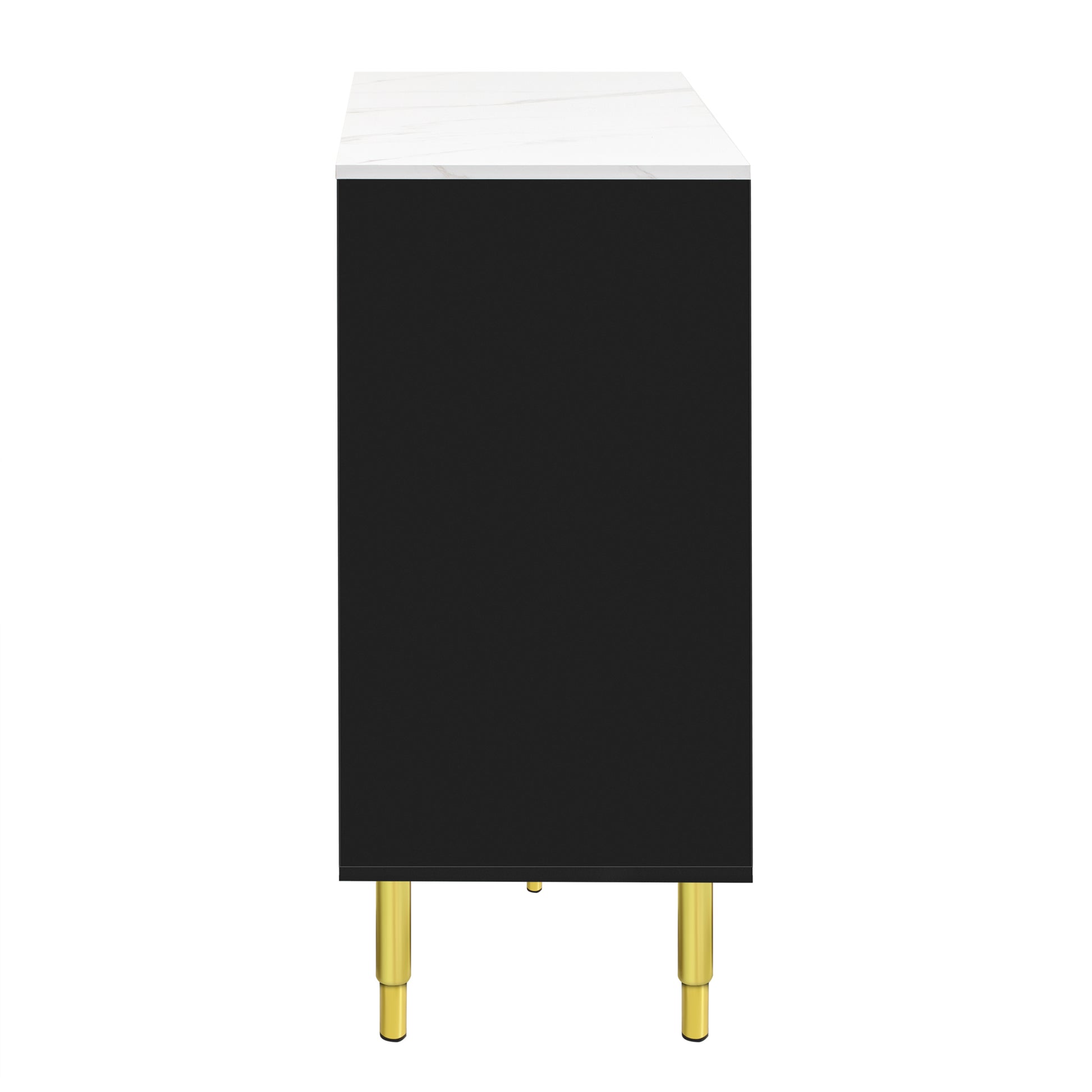 Modern Sideboard Mdf Buffet Cabinet Marble Sticker Tabletop And Amber Yellow Tempered Glass Doors With Gold Metal Legs & Handles Black Black Mdf Glass