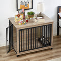 Furniture Style Dog Crate Side Table With Feeding Bowl, Wheels, Three Doors, Flip Up Top Opening. Indoor, Grey, 43.7